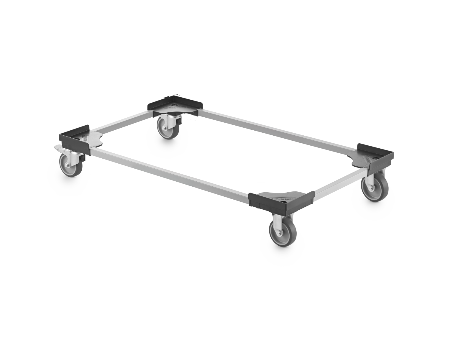 A rectangular transport trolley with four swivel castors at each corner. The structure features a metal frame and plastic corners for stability, set against a plain background.