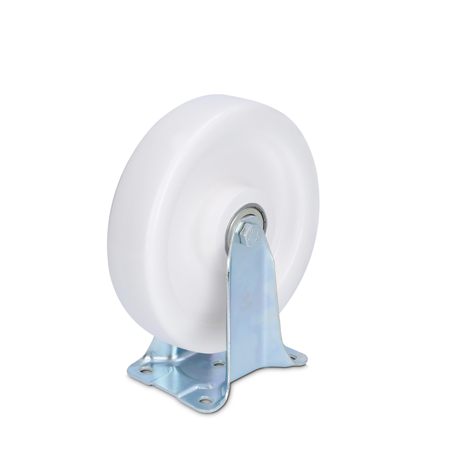 A white plastic wheel is mounted on a shiny metal bracket with a flat base. The bracket has multiple attachment holes, positioned prominently against a contrasting background.