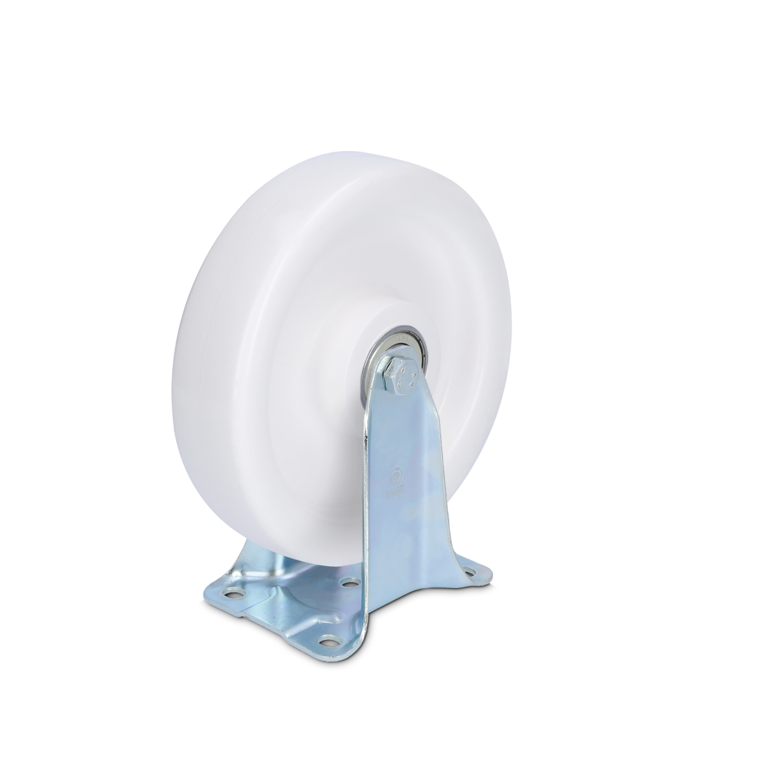 A white plastic wheel is mounted on a shiny metal bracket with a flat base. The bracket has multiple attachment holes, positioned prominently against a contrasting background.