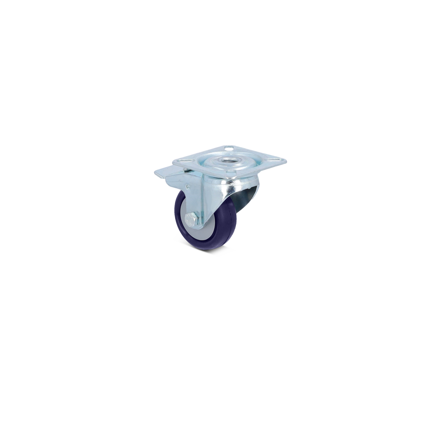 A swivel castor with a square mounting plate is displayed. It features a durable rubber wheel, designed for smooth movement. The castor is mounted on a shiny metal bracket.