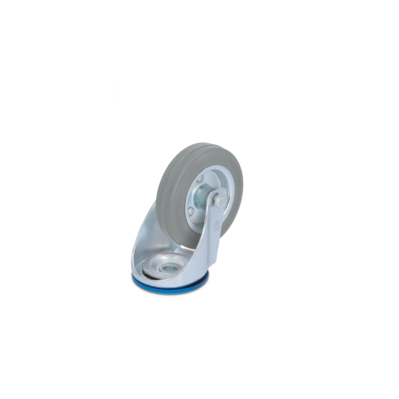 Zwenkwiel met een grijze rubberen band en een metalen montageschijf. Het wiel is gedeeltelijk opgetild, waardoor de onderzijde zichtbaar is. De achtergrond is effen blauw.