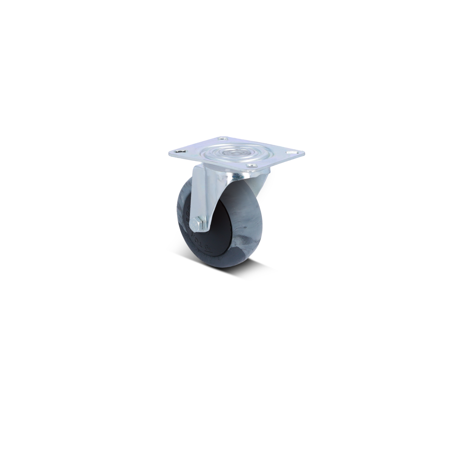 Ein Gummi-Rollenlaufwerk mit einer quadratischen Montageplatte aus Metall. Das Rad ist an der Montageplatte befestigt und hat eine glatte Oberfläche, geeignet für industrielle Anwendungen.