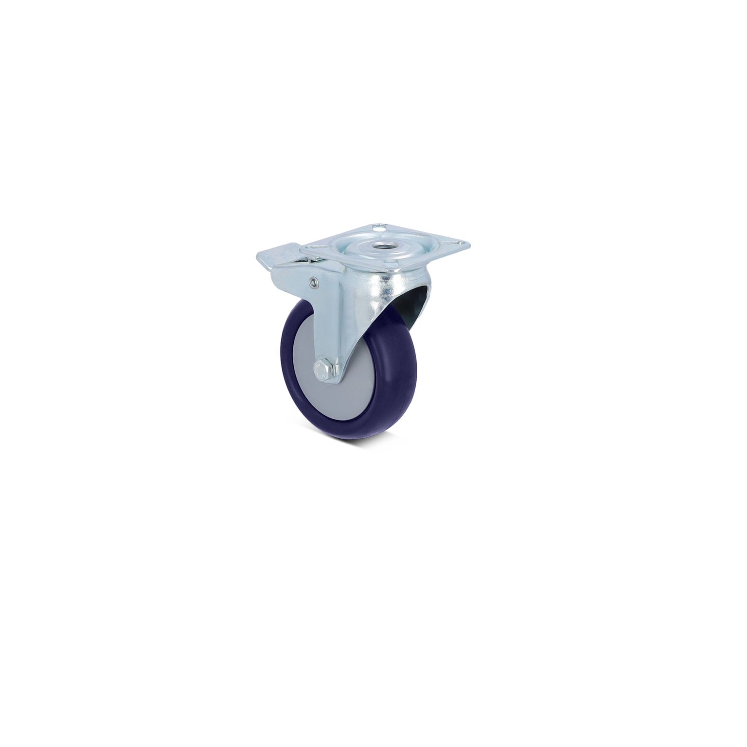A swivel castor features a metallic mount with a flat base and a single wheel. The wheel has a dark blue outer surface with a lighter gray center, set against a plain background.