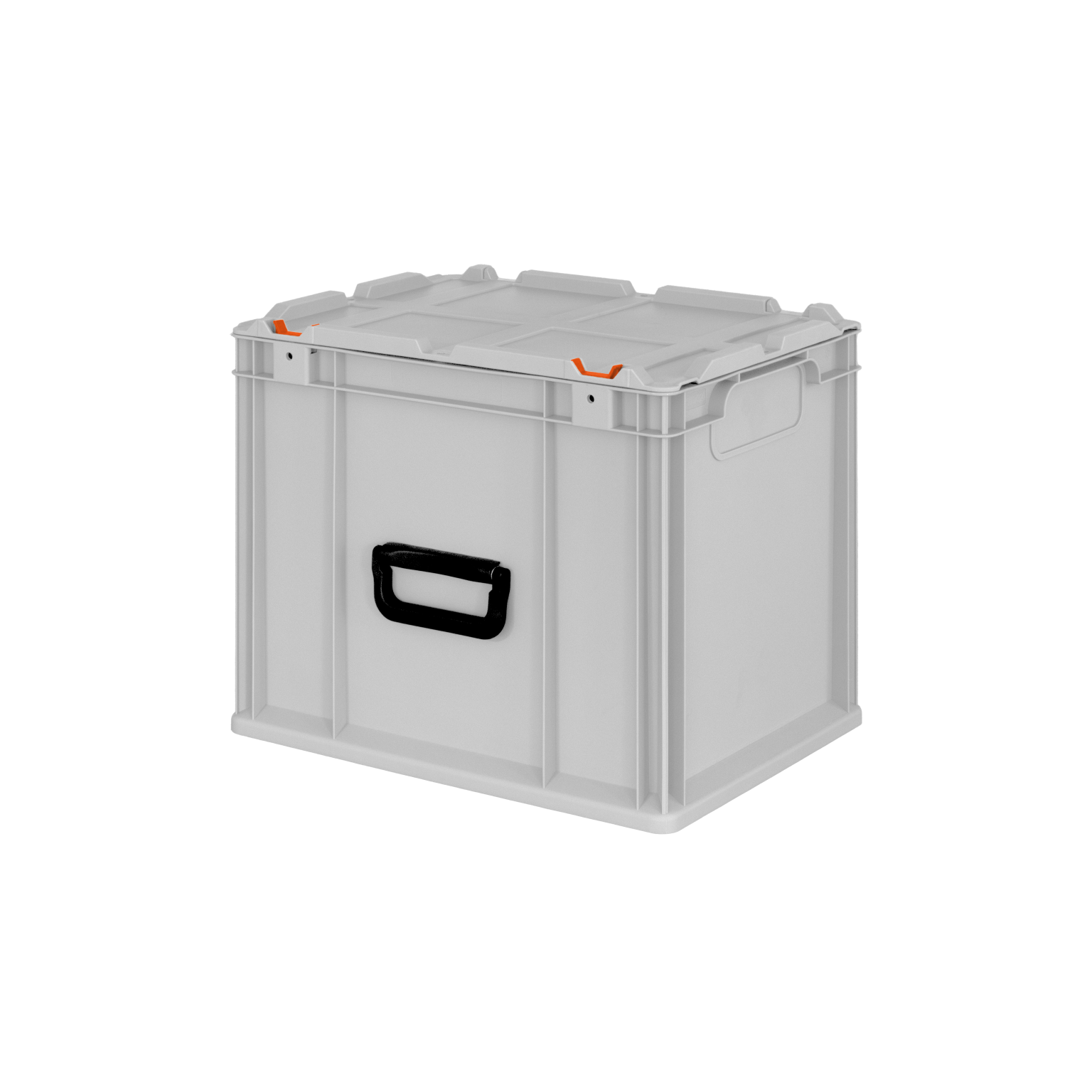 A white plastic storage box features a sturdy design with a textured top and side handles for easy lifting. It has orange clips on each side, suggesting secure closure.