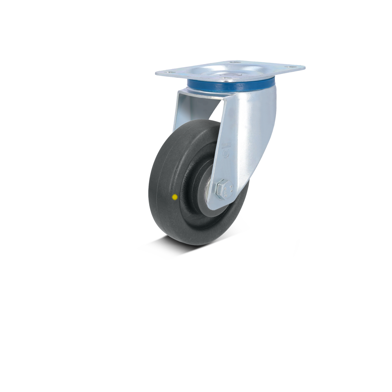 Zwart rubberen wiel met een metalen bevestigingsplaat, bevestigd aan een metalen arm. Het wiel is geschikt voor industriële toepassingen en is geplaatst op een lichte achtergrond.