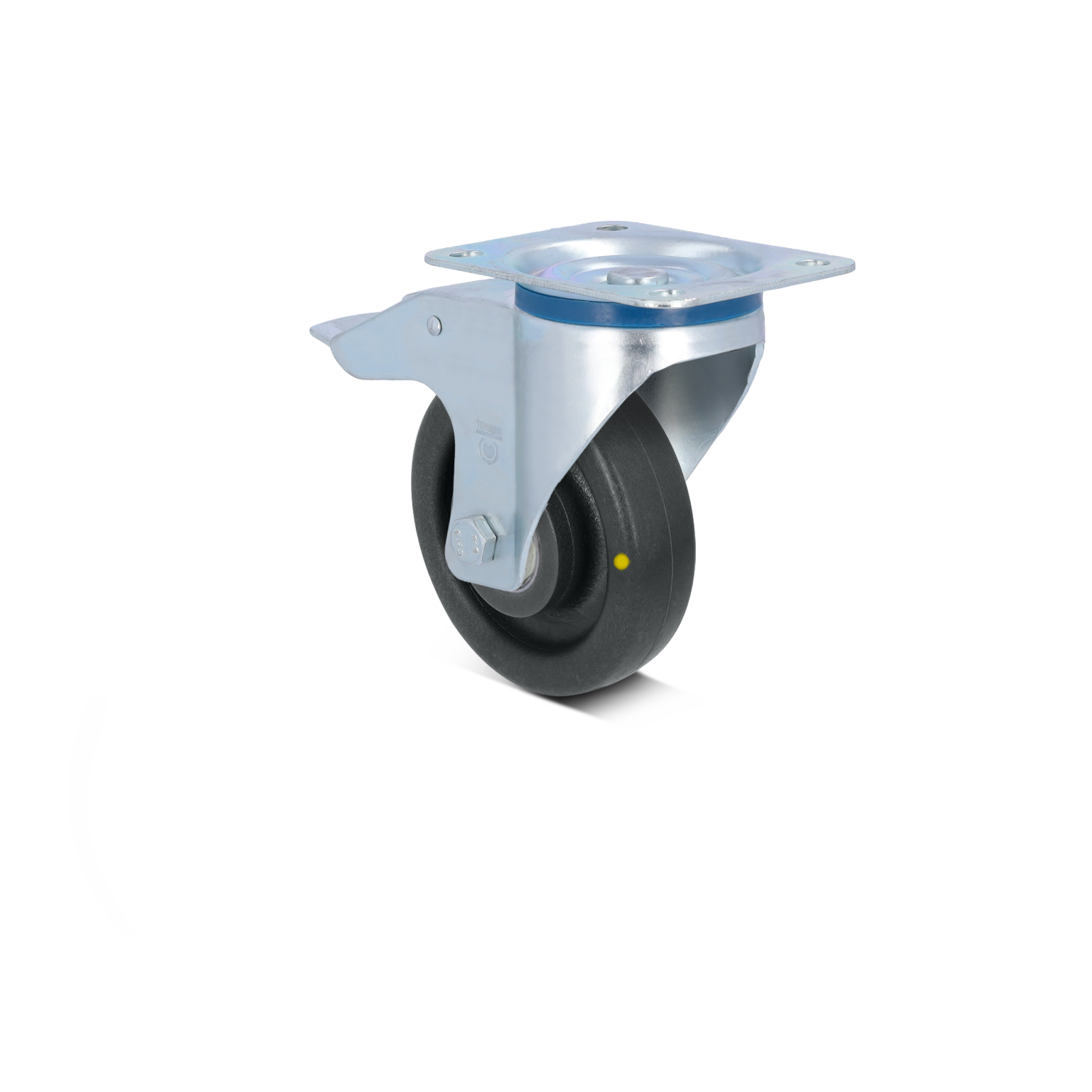 Zwenkwiel met een zwarte rubberen band en een glanzende metalen bevestigingsplaat. Het wiel is ontworpen voor gebruik in wielen en mobiele apparatuur. Achtergrond is een effen kleur.
