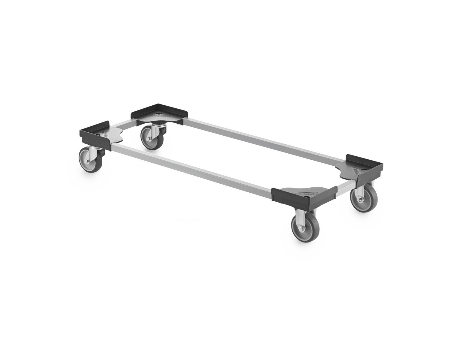 A rectangular transport trolley features a sturdy frame with two square mounting plates and four swivel castors. It is designed for easy movement of materials, set against a plain background.