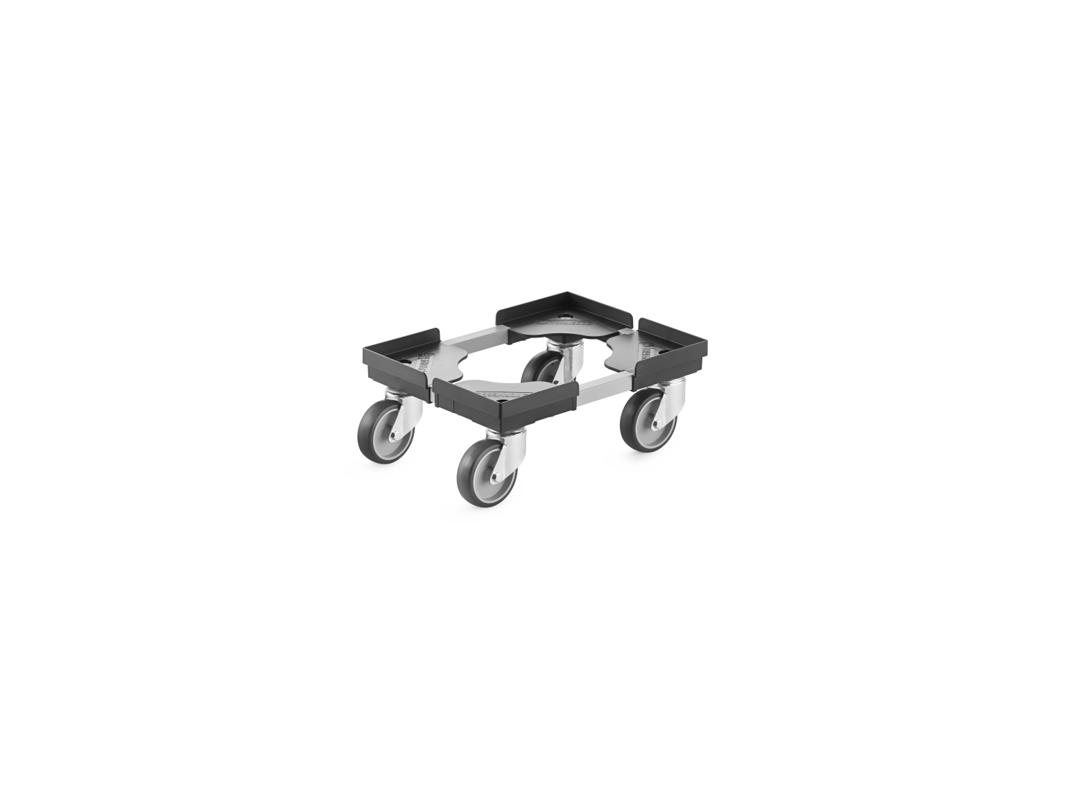 A metal transport trolley features a rectangular base with four swivel wheels. The design includes a sturdy frame and is positioned centrally within a blank background, suitable for moving materials efficiently.