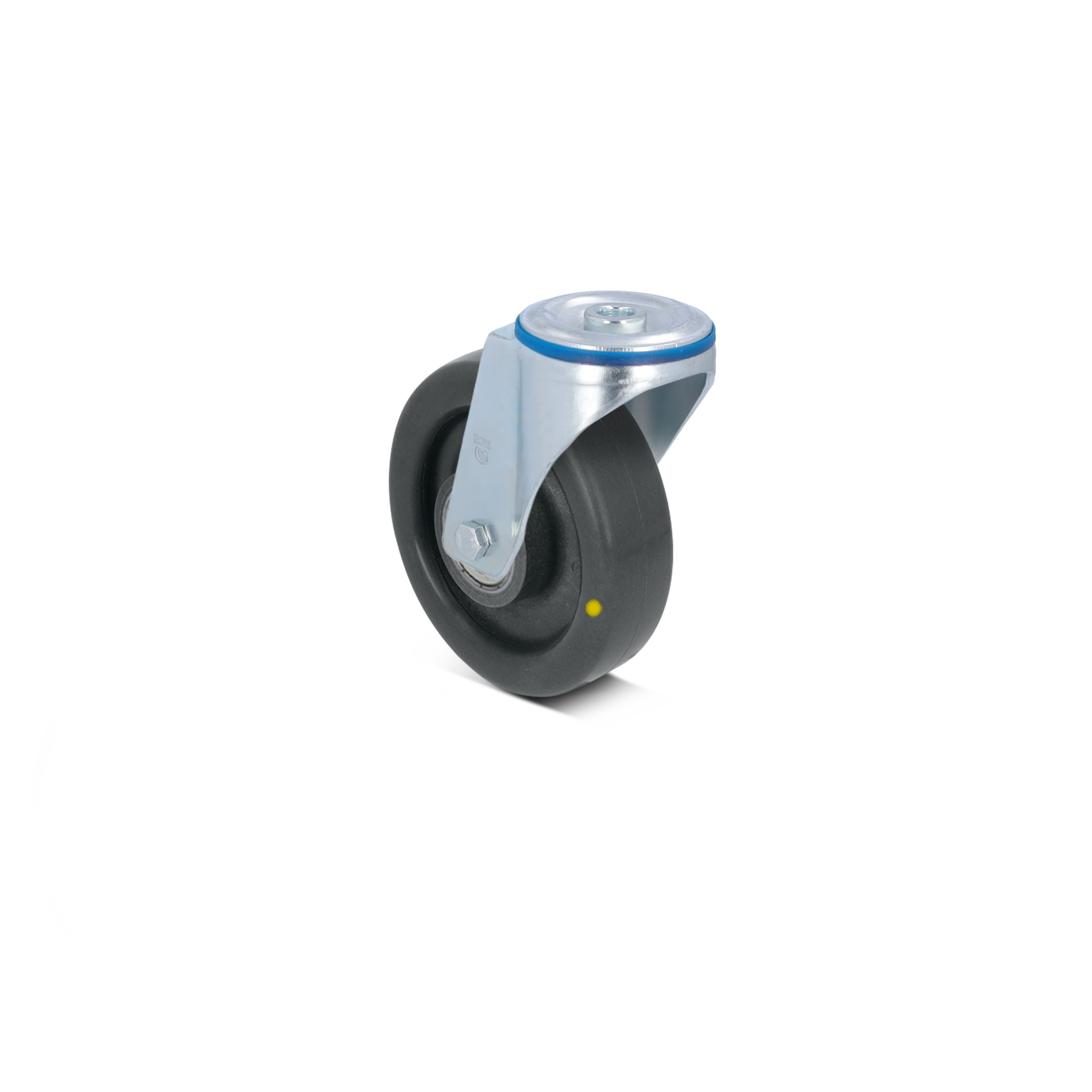 Zwenkwiel van zwart rubber met een metalen beugel. De beugel bevat een montageschijf en een blauwe ring. Het wiel is ontworpen voor gebruik in intralogistiek en transporttoepassingen.