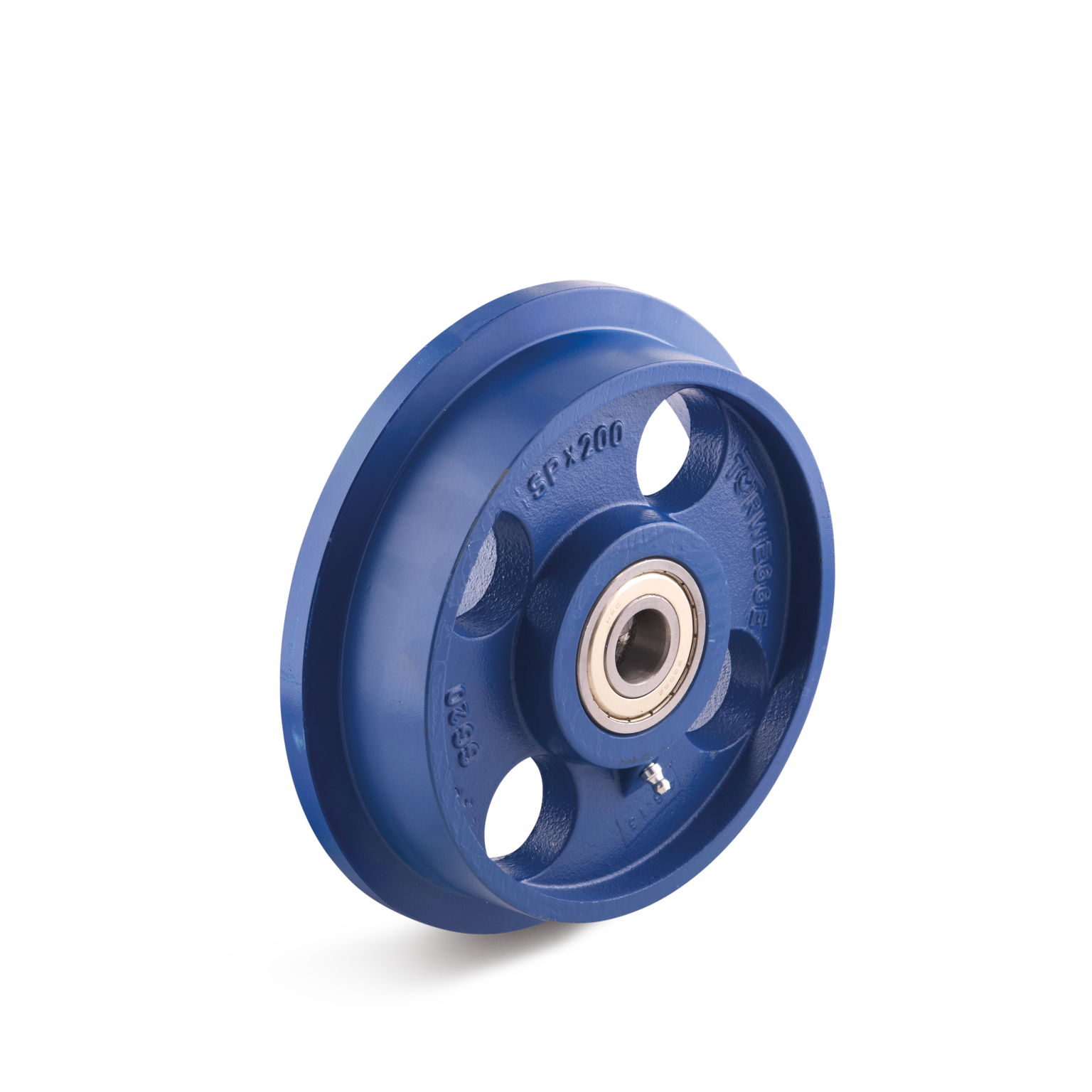 Blauwe industriële wiel met een centrale lagerring. Het heeft meerdere uitsparingen voor gewichtreductie en is gepositioneerd op een lichte achtergrond, gericht op gebruik in materiaalhandling.