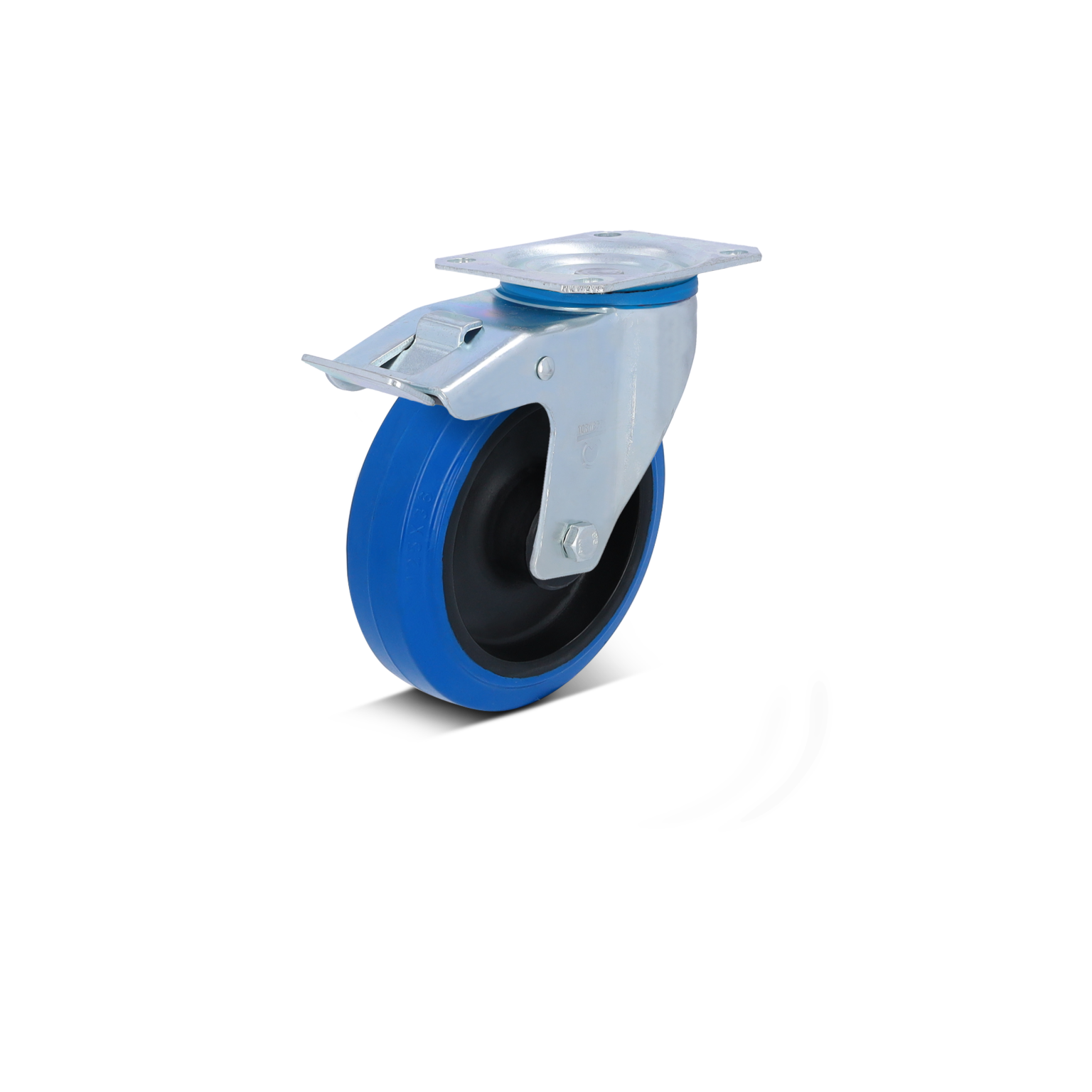 A blue polyurethane wheel is mounted on a metallic swivel bracket. The wheel is designed for smooth movement, showing a central black rubber section and a shiny silver plate for attachment.