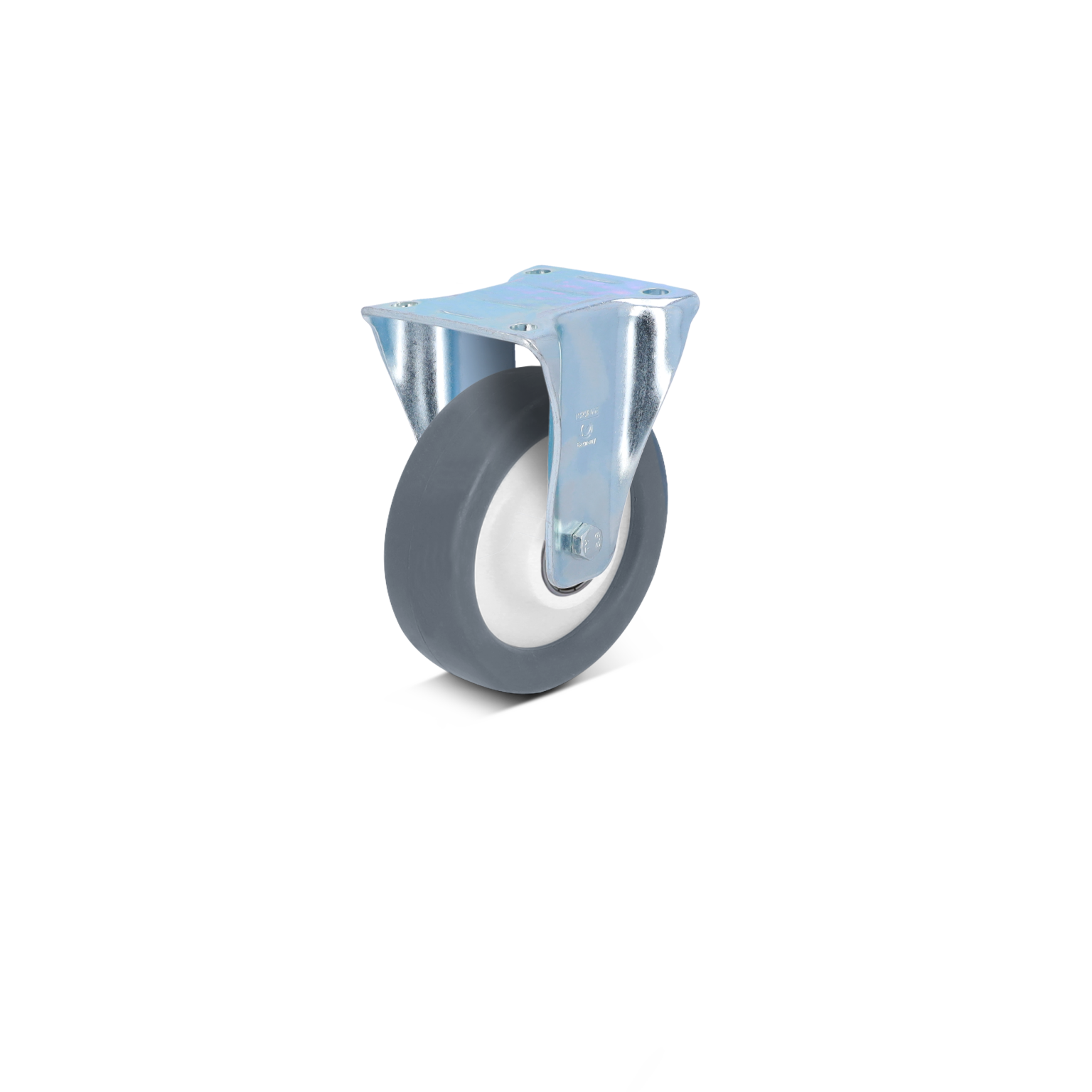 A gray rubber wheel with a white inner ring is mounted on a metallic swivel bracket. The wheel is positioned upright, showcasing its plastic and metal construction, against a plain background.