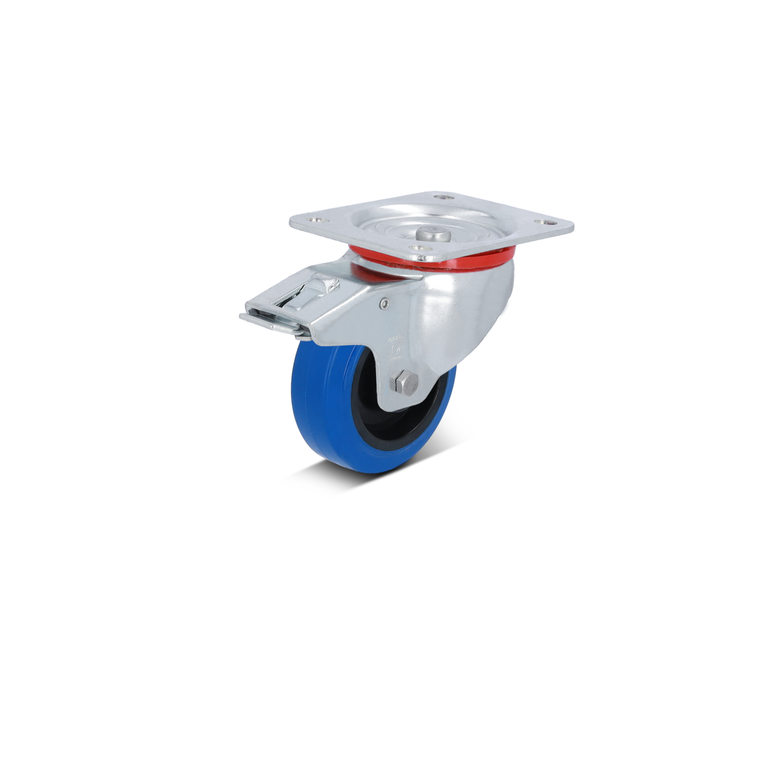 A metal caster wheel features a blue rubber tire and a silver mounting plate. It has a locking mechanism visible and is designed for mobility in industrial applications.