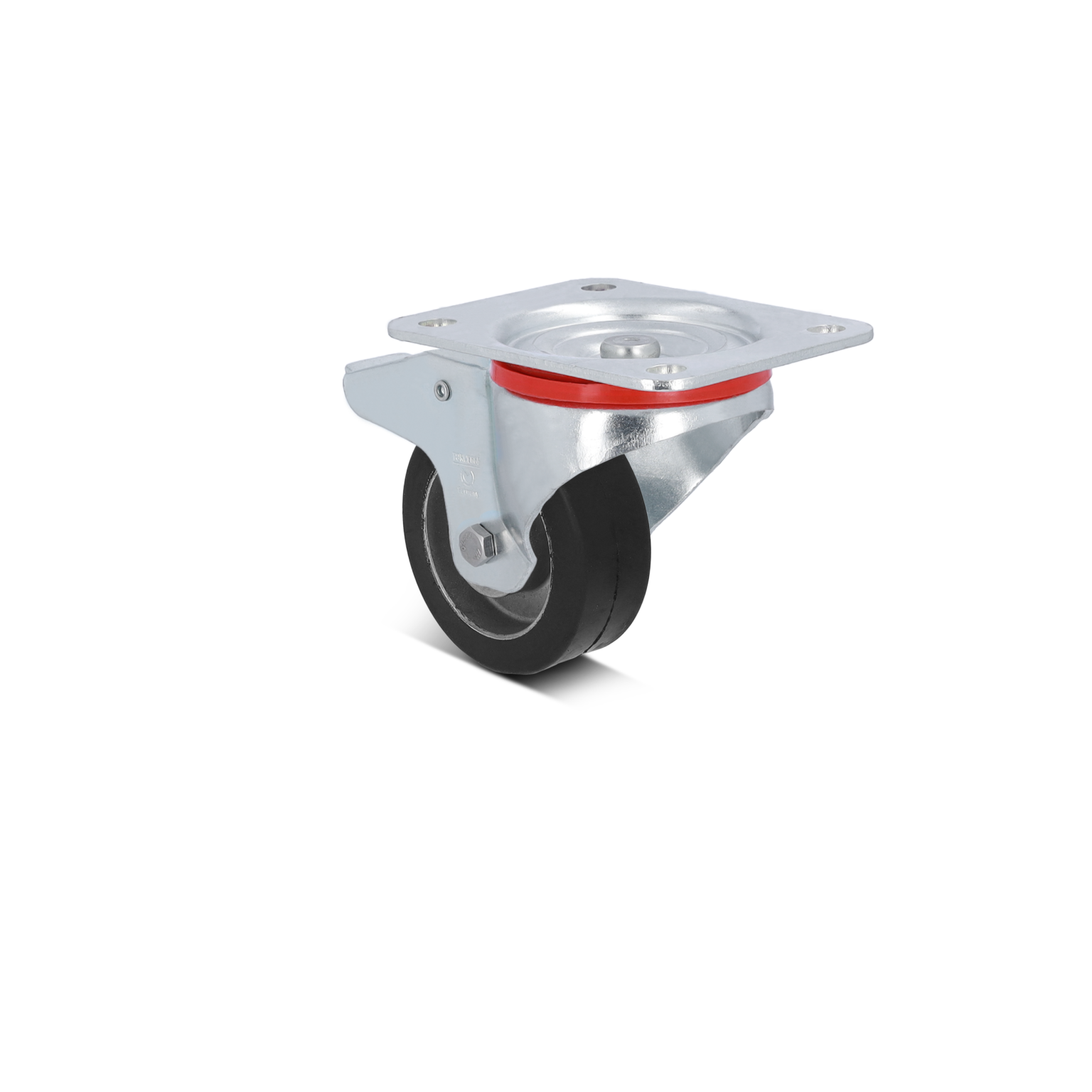 A black rubber castor wheel is mounted on a shiny silver metal plate. The plate features four holes for securing. A red ring encircles the wheel-s base, enhancing stability and design.