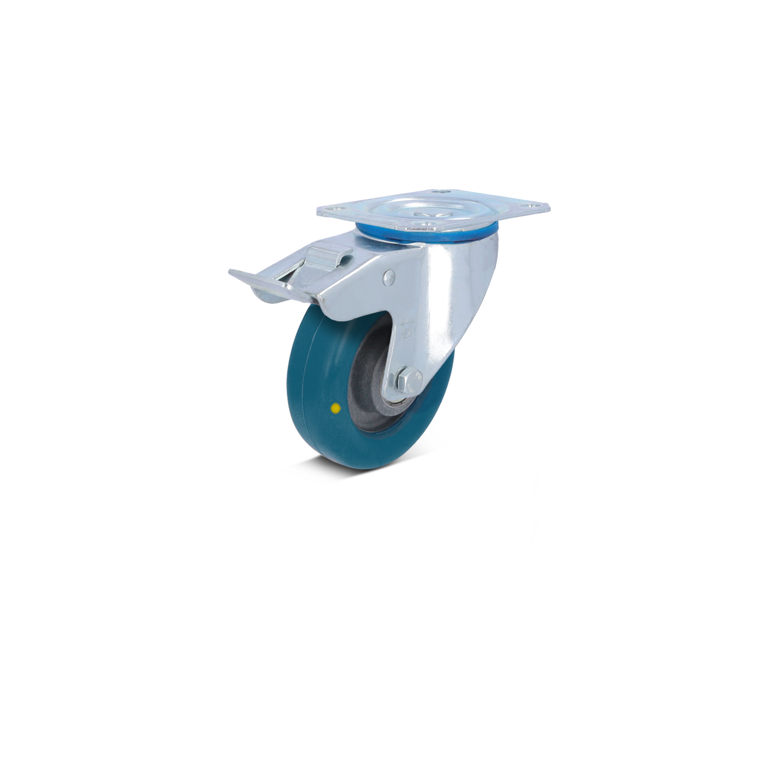 A swivel castor features a green wheel attached to a metallic mounting plate. It showcases a shiny silver bracket for durability and mobility, suitable for various industrial applications.
