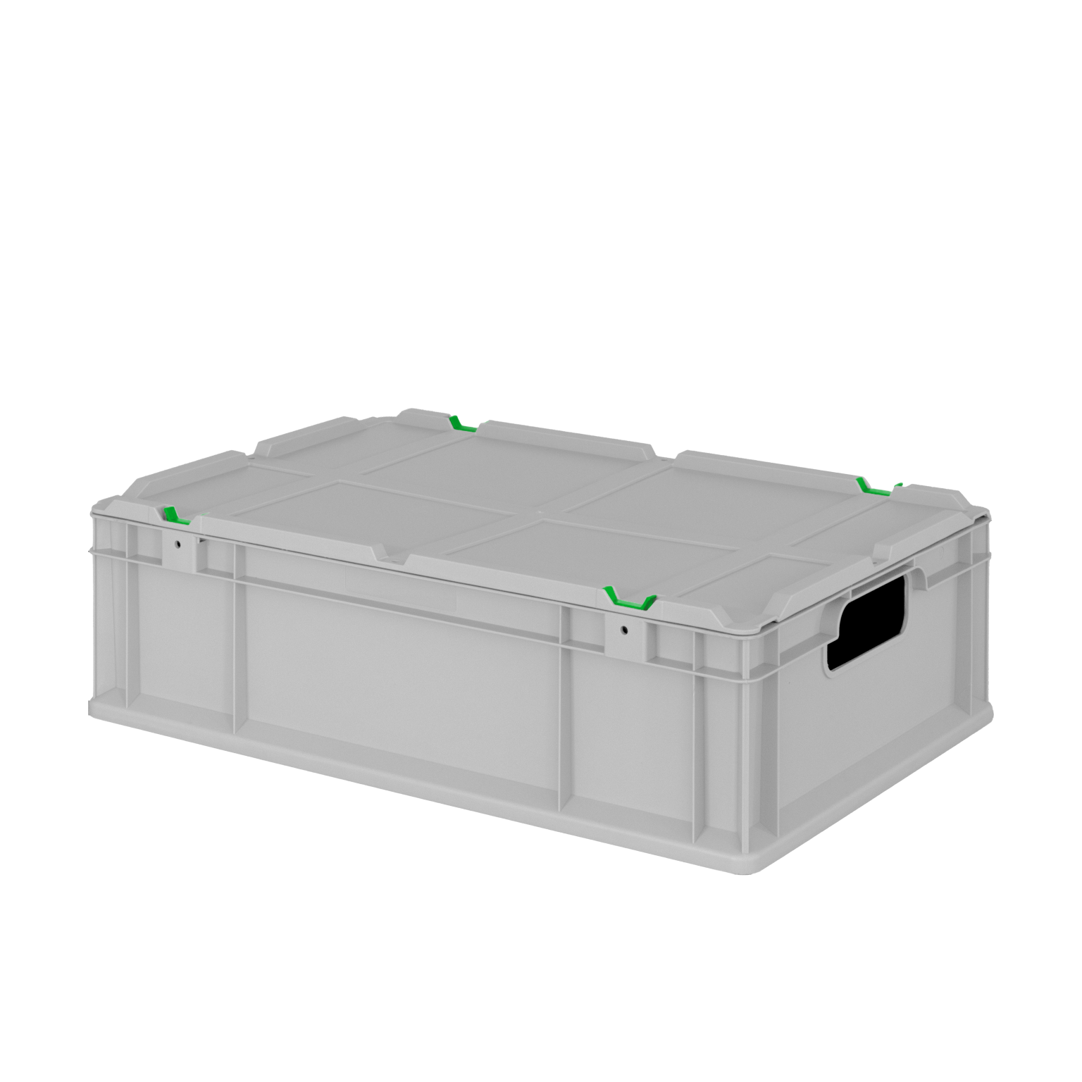 A gray plastic storage box is shown with a flat top and side handles. It has green accents at the corners and appears sturdy, suitable for material handling in an industrial context.