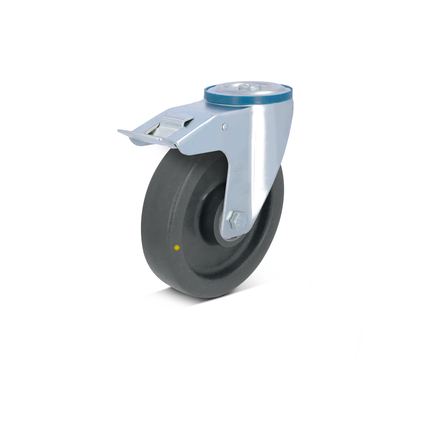 Zwenkwiel met een zwarte rubberen band en een metalen bevestigingsplaat. Het wiel is duidelijk gepositioneerd om functionaliteit in een industriële omgeving te bieden, waarschijnlijk voor gebruik op transporttrolleys.