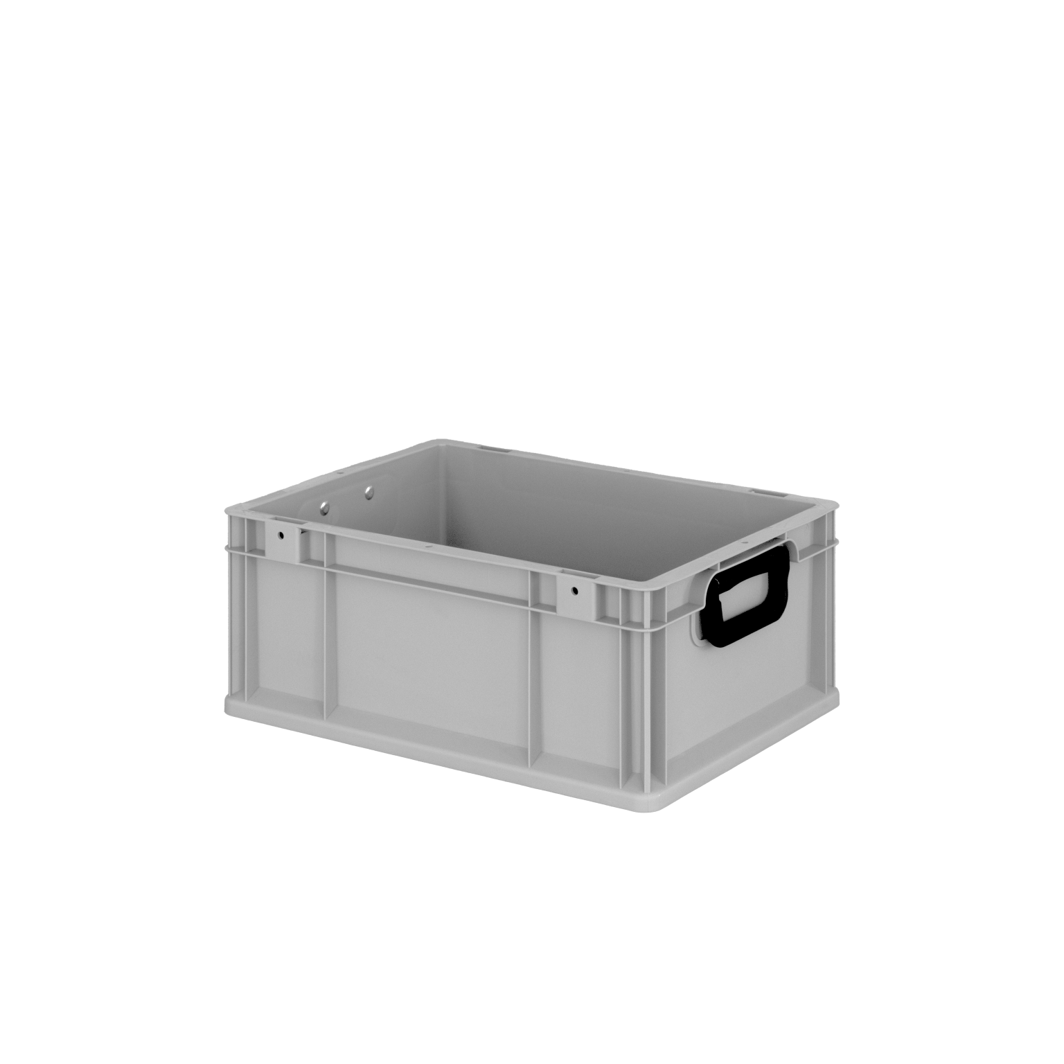 Graue Kunststoffbox ohne Deckel, mit seitlichen Griffen und offenen Löchern oben. Sie steht auf einem neutralen Hintergrund. Ideal für Lagerung und Transport von Materialien.