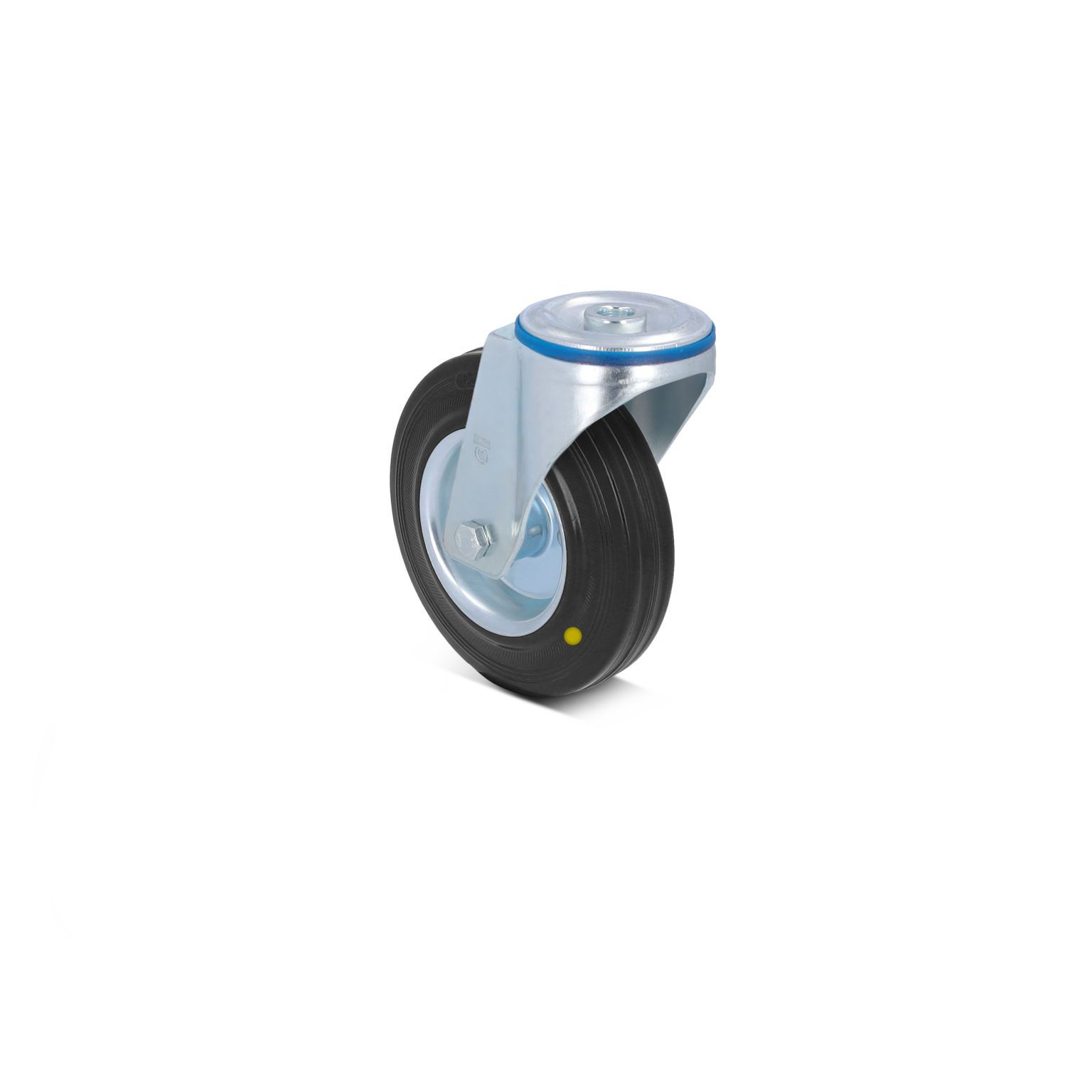 A swivel castor wheel features a black rubber tire and a metallic silver mounting bracket. It is positioned upright, showcasing the wheel-s smooth surface and rounded shape, suitable for industrial applications.