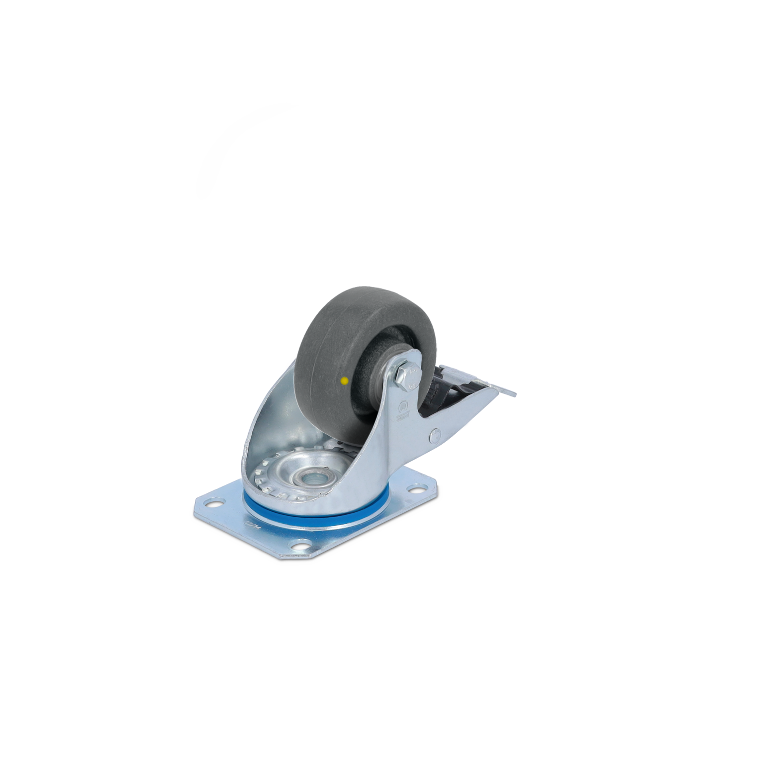 Zwart rubberen wiel met een metaalbeugel, bevestigd aan een vierkante montageplaat. Het wiel is bedoeld voor gebruik in intralogistiek en materiaalhandling, op een neutrale achtergrond.