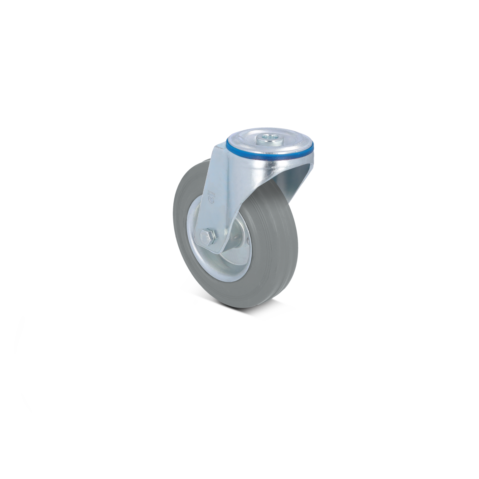 Een grijze rubberen wiel met een metalen montagemontage. Het wiel is soepel en geschikt voor materialen in intralogistiek. De achtergrond is neutraal en eenvoudig.