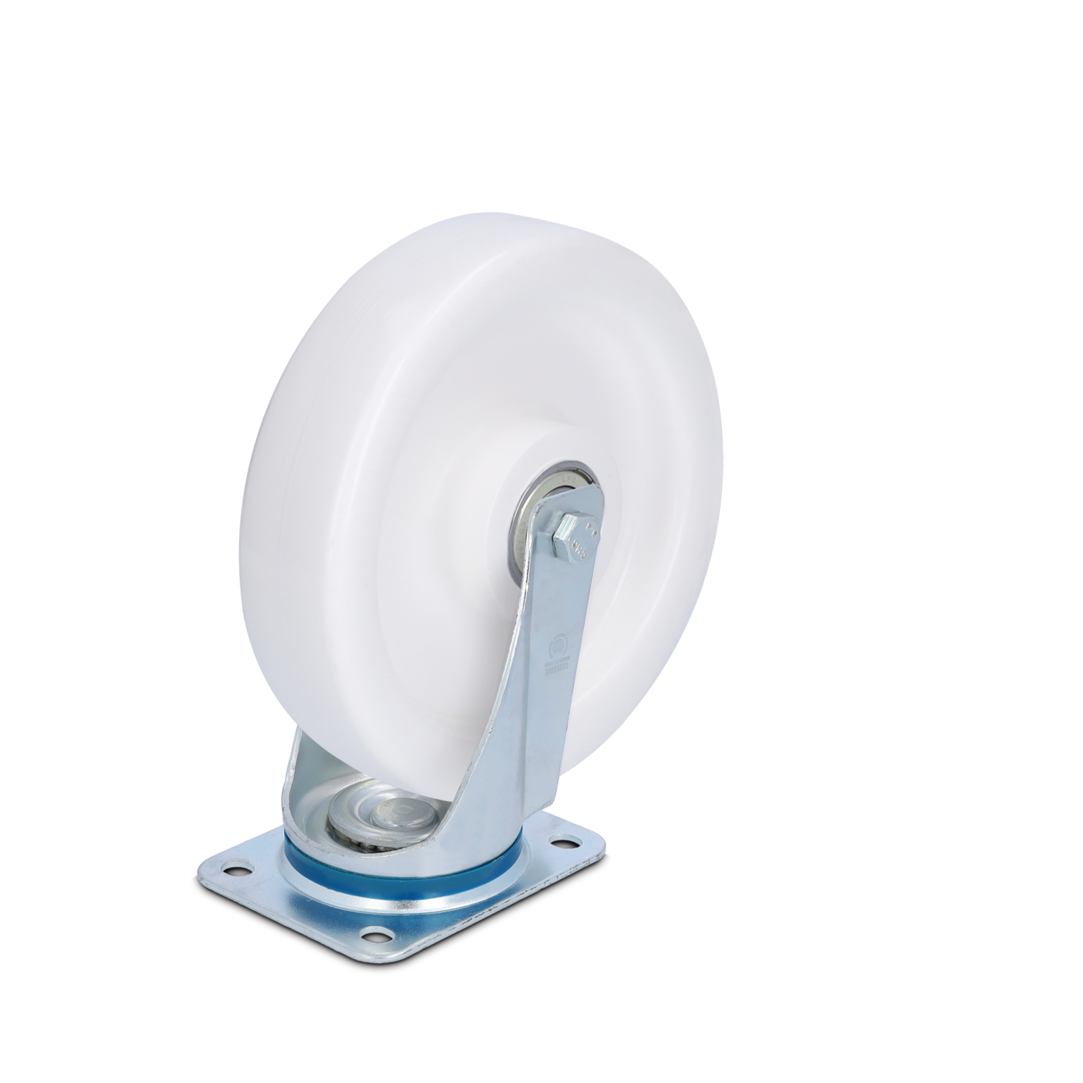 A large white wheel mounted on a silver metal bracket, featuring a central swivel mechanism and a blue circular base. The background is a solid black, emphasizing the component-s design.