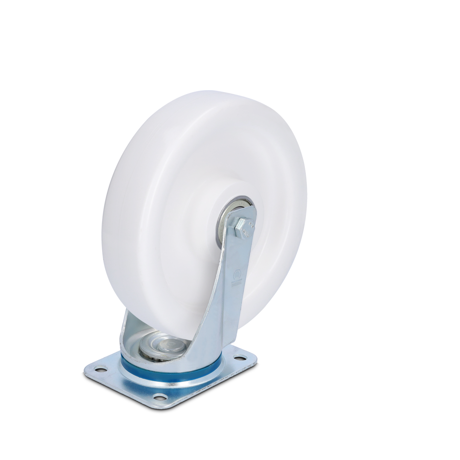 A large white wheel mounted on a silver metal bracket, featuring a central swivel mechanism and a blue circular base. The background is a solid black, emphasizing the component-s design.