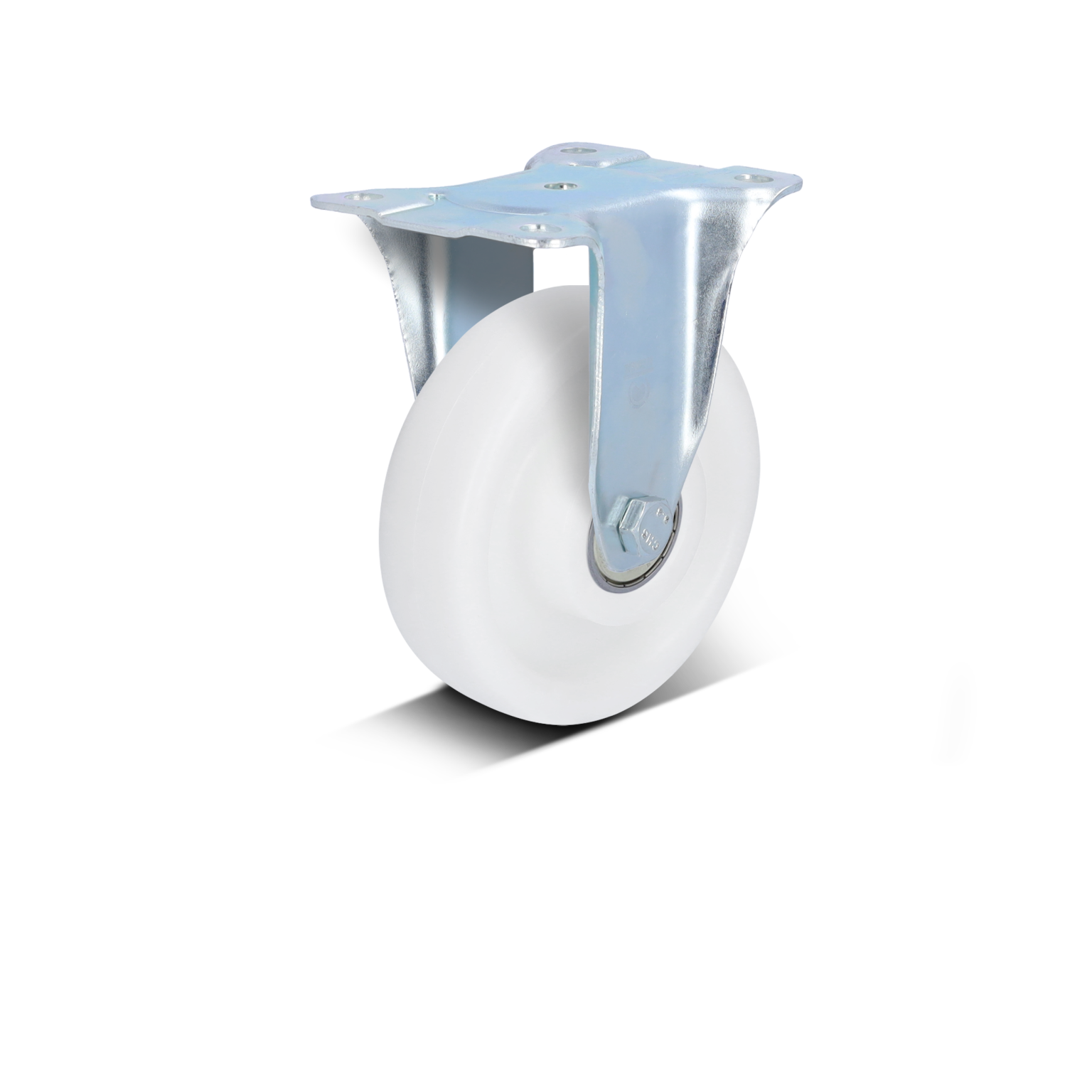 A white industrial wheel is mounted on a metallic swivel bracket. The bracket has a silver finish and includes a mounting plate with four screw holes, suitable for attachment to various surfaces.