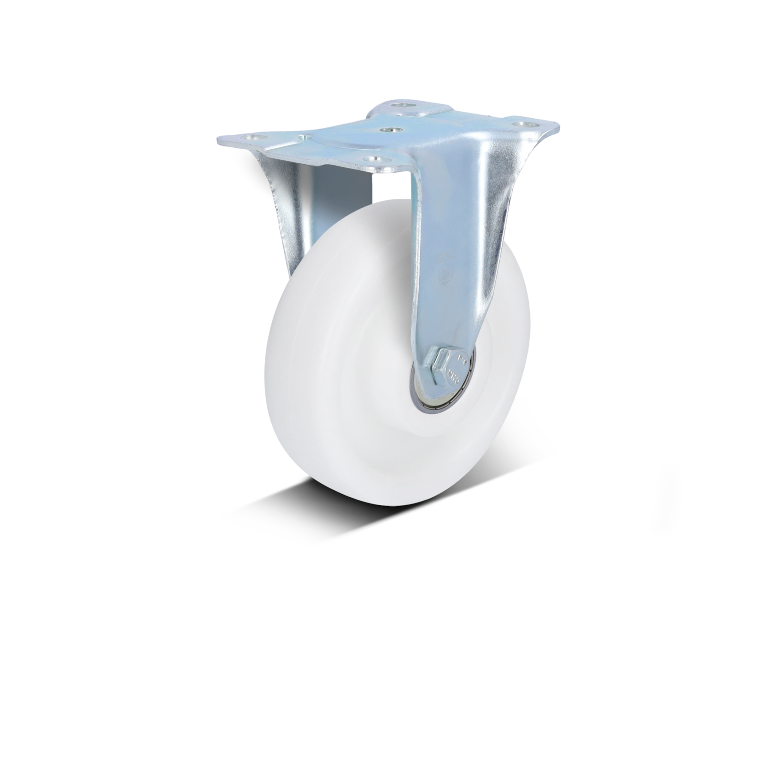 A white industrial wheel is mounted on a metallic swivel bracket. The bracket has a silver finish and includes a mounting plate with four screw holes, suitable for attachment to various surfaces.