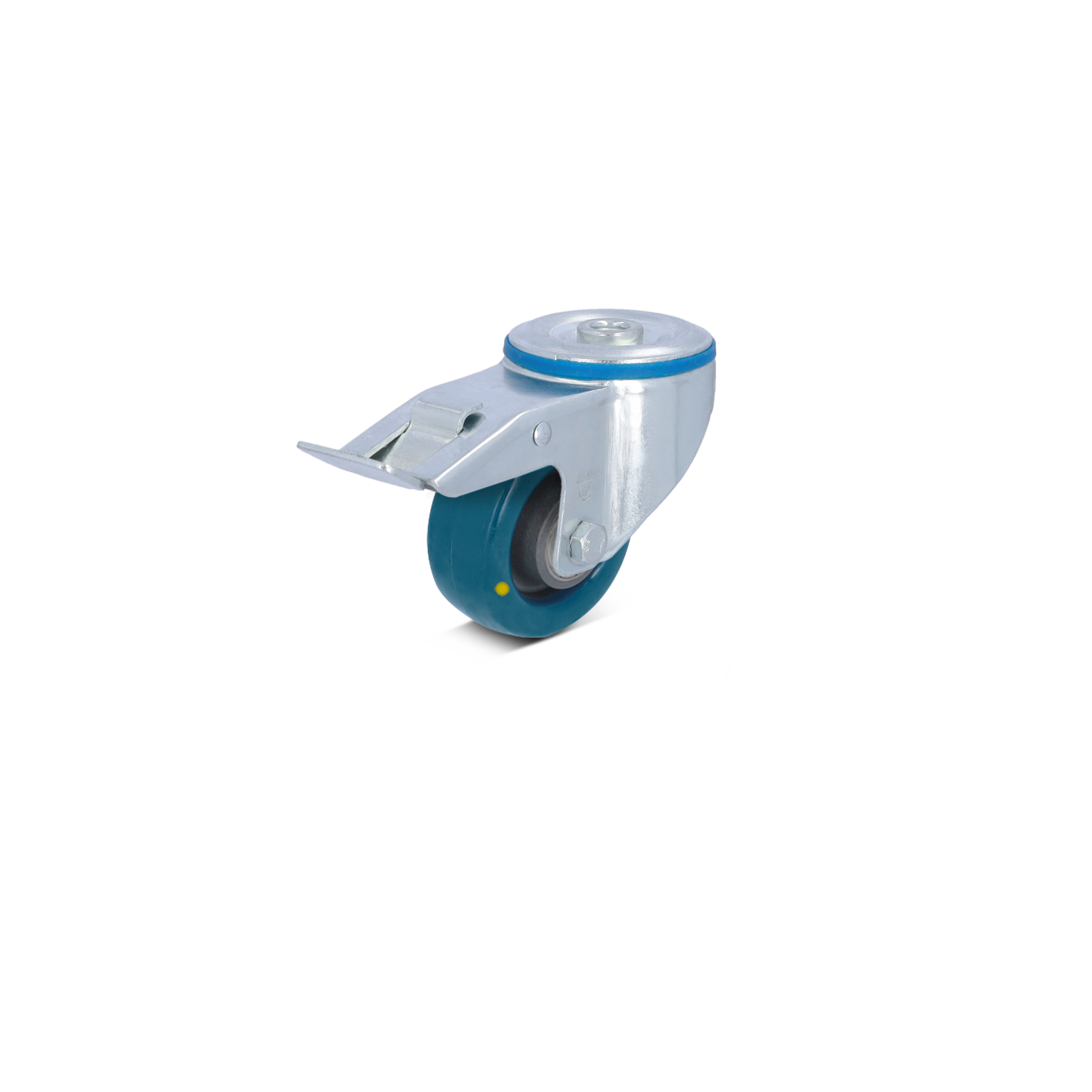Zwenkwiel met een metalen bevestigingsplaat en een blauwe rubberen band, ontworpen voor soepel rollen. Het staat op een witte achtergrond, wat de zichtbaarheid vergroot.