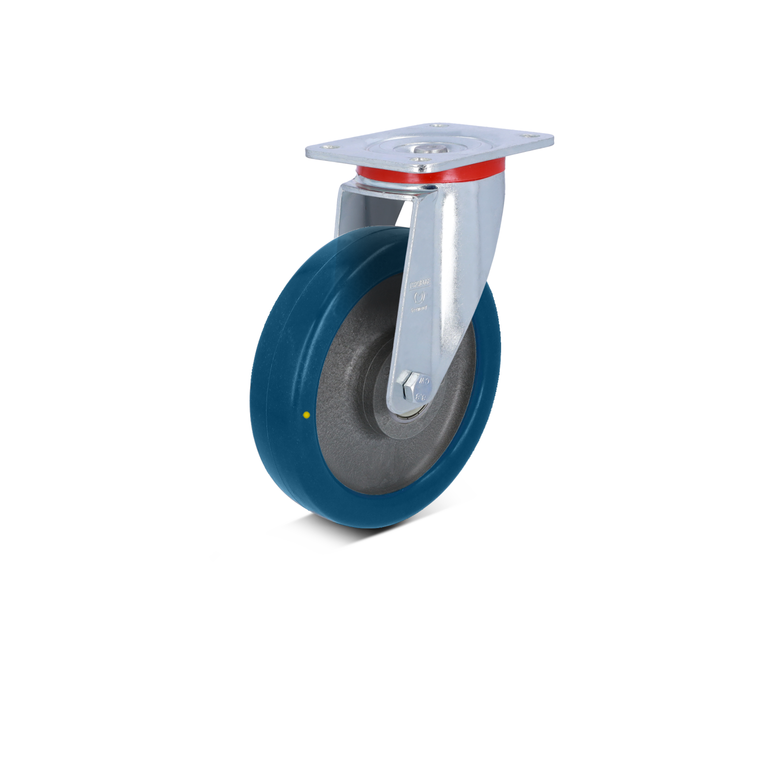 Eine blaue Industrierolle mit einem verzinkten Montagesockel. Die Rolle hat einen metallischen Kern und ist strukturiert für industrielle Anwendungen. Der Hintergrund ist einfarbig und hell.