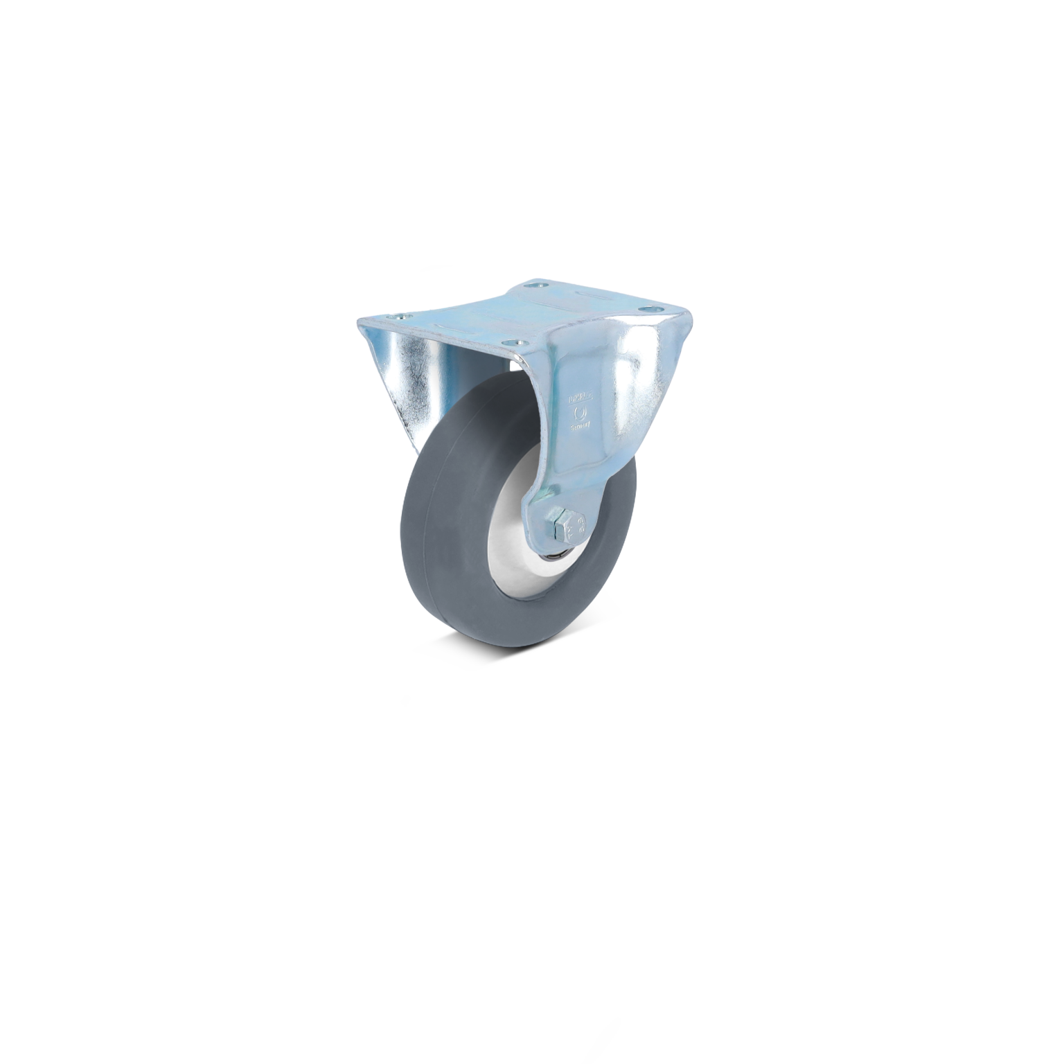 A swivel castor with a grey rubber wheel is shown. It features a metal mounting plate with a bolt, designed for easy installation. The background is mostly blank, emphasizing the castor-s details.