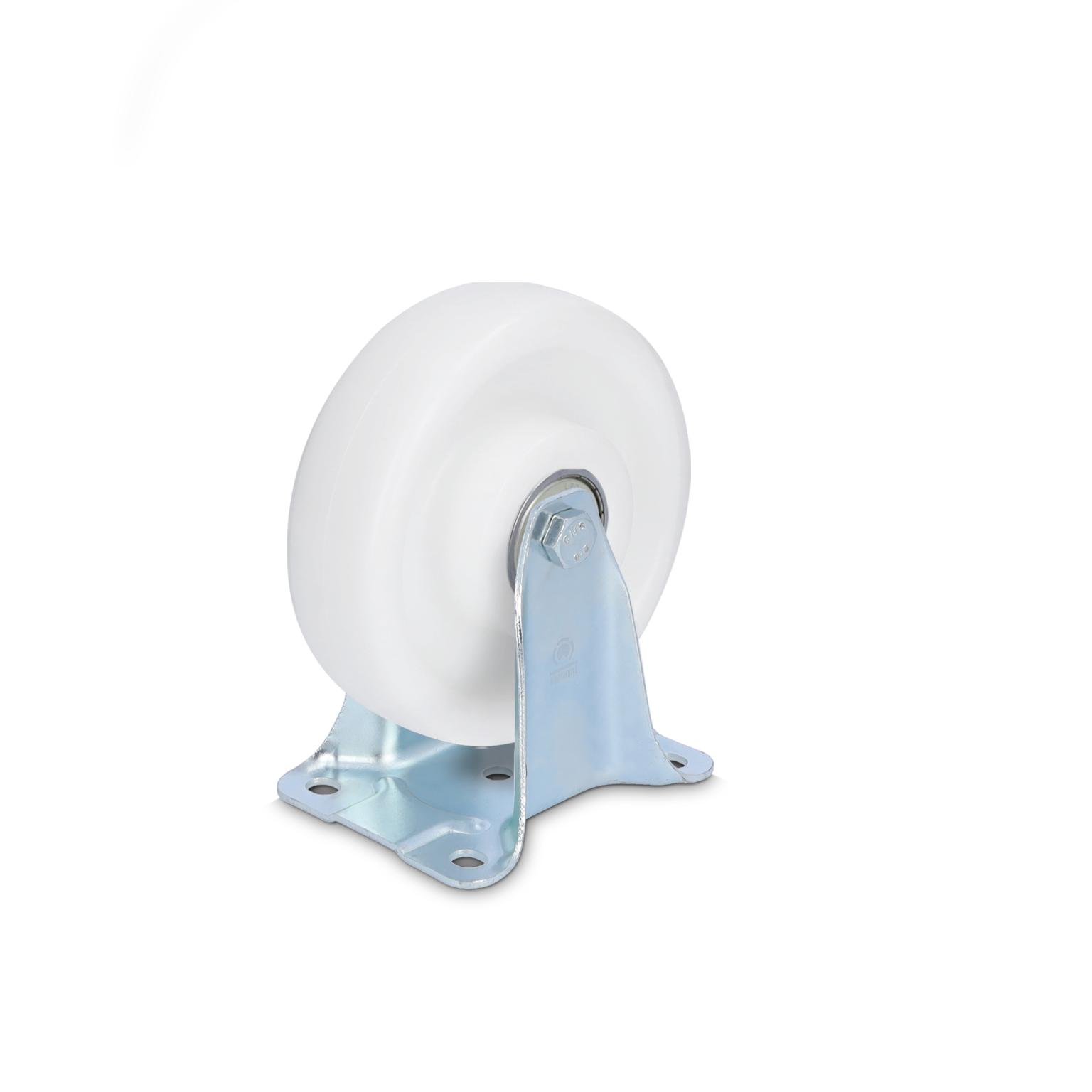 A swivel wheel features a solid white plastic tire mounted on a shiny metal bracket. It has a flat base with four holes for attachment, set against a plain background.