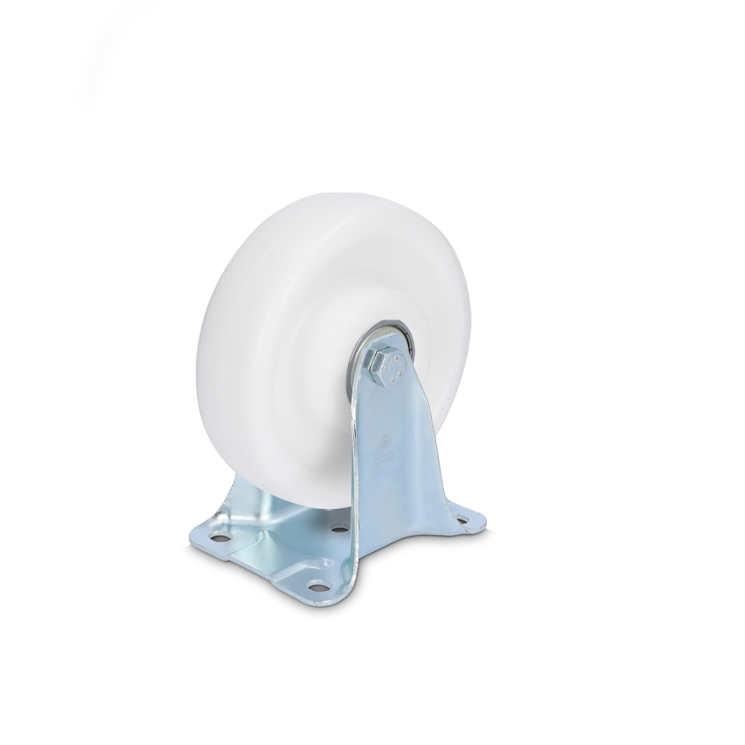 A swivel wheel features a solid white plastic tire mounted on a shiny metal bracket. It has a flat base with four holes for attachment, set against a plain background.