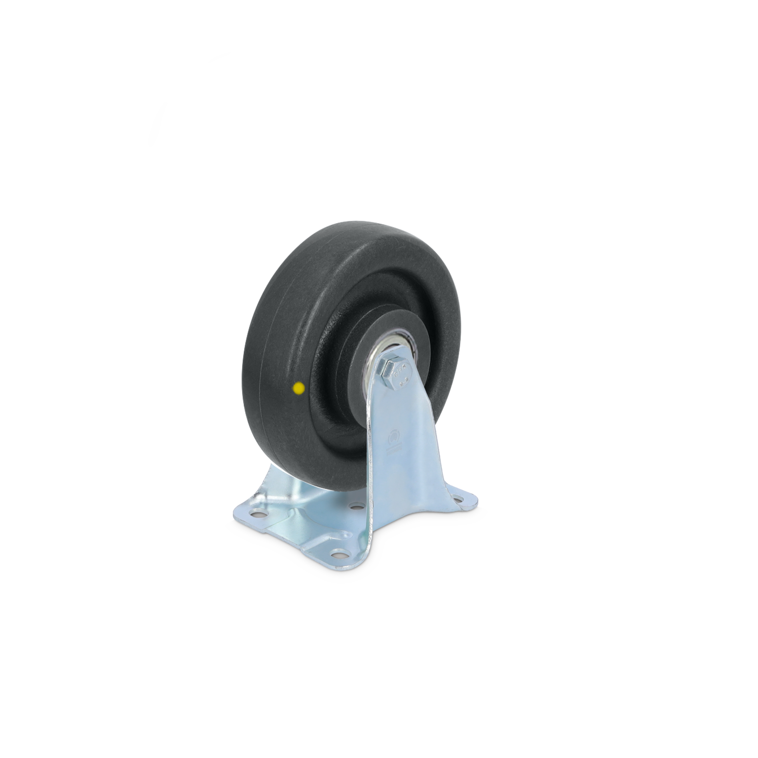 Zwarte rubberen wielen met een metalen bevestigingsplaat, erop gericht om te draaien. De as steekt door de wiel, wat zorgt voor mobiliteit. De achtergrond is in een effen kleur.