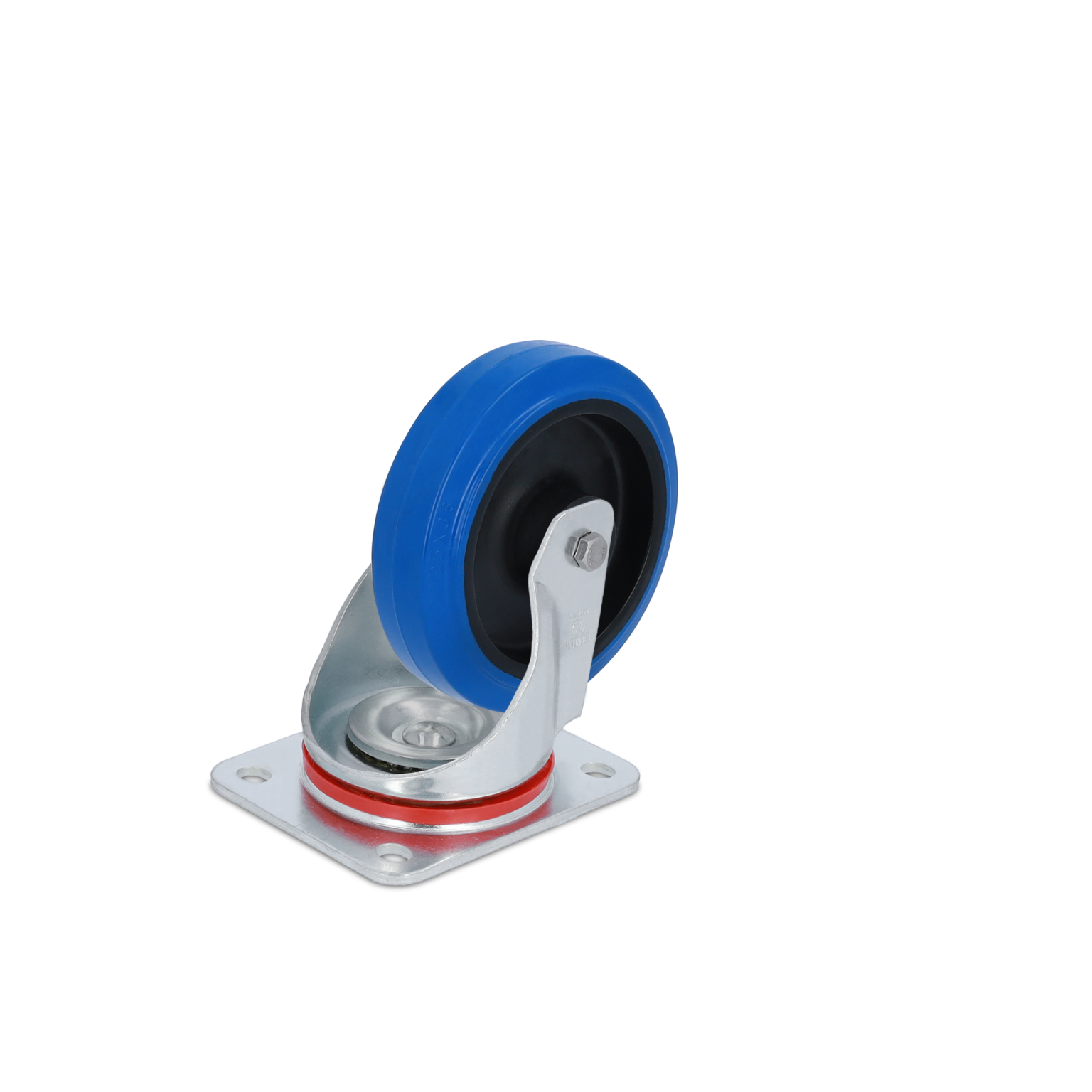 A blue rubber wheel with a black core is mounted on a silver metal caster bracket featuring a red ring. It is positioned against a blank background, emphasizing its industrial design and functionality.
