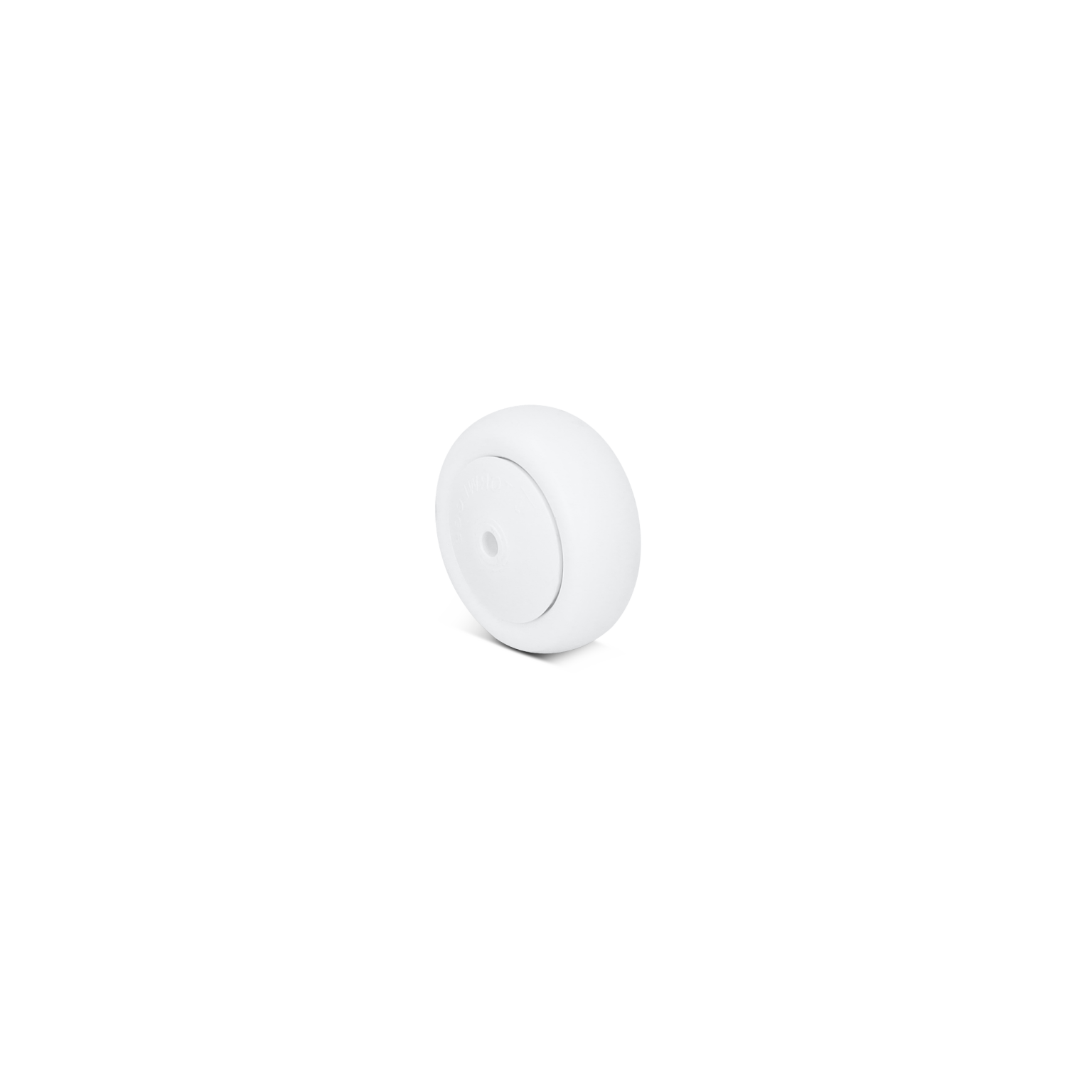 A white cylindrical wheel with smooth surfaces and a central mounting hole is positioned against a minimalistic background. It features an even diameter suitable for various applications in material handling.