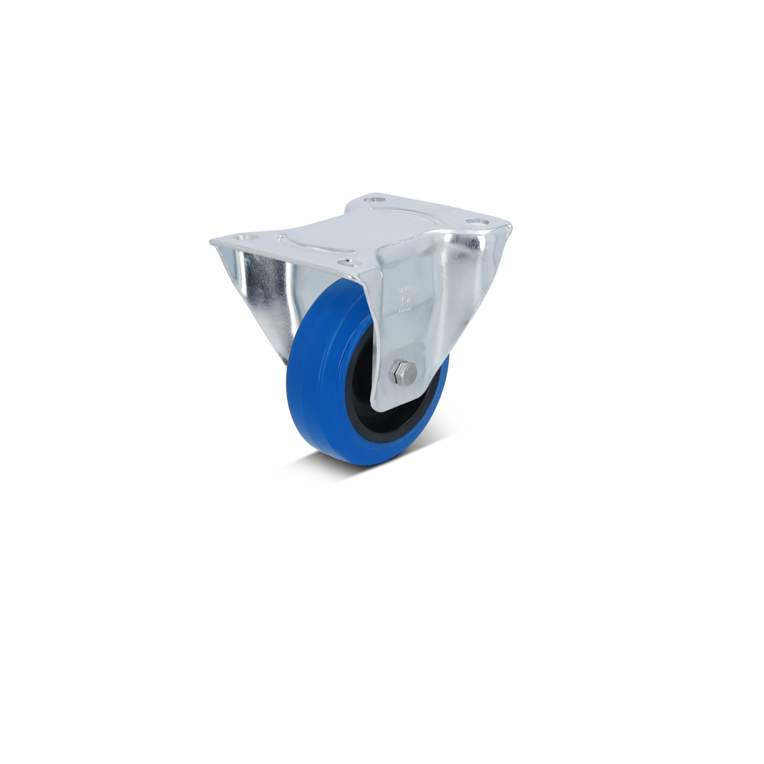 A swivel castor with a blue rubber wheel and a metallic mounting plate is positioned at an angle. The castor features a single bolt attachment point and showcases a smooth, rounded design suitable for material handling applications.