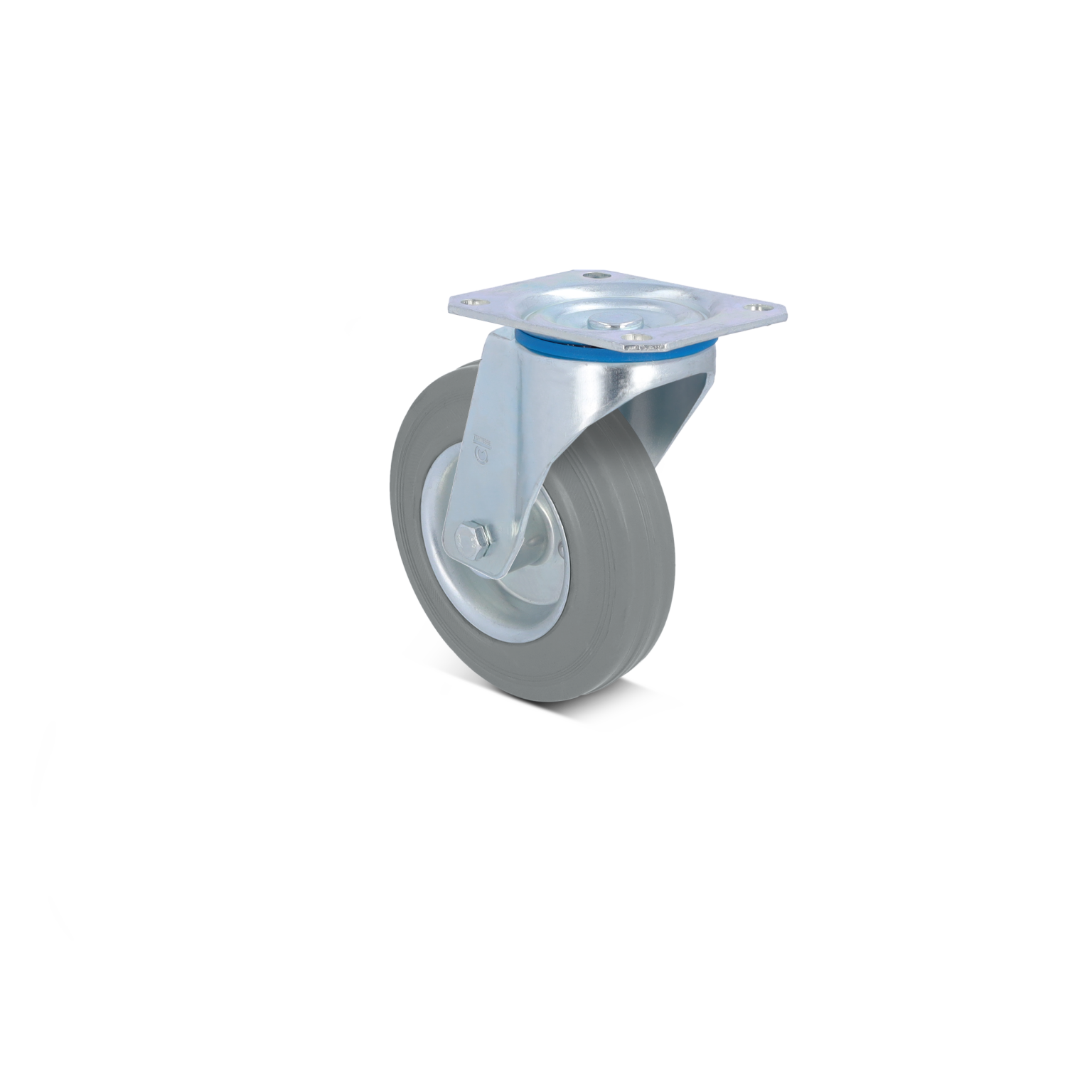 Zwenkwiel met een metalen bevestigingsplaat. De band is gemaakt van rubber en heeft een grijze kleur, terwijl het frame van glimmend metaal is. Geschikt voor gebruik in diverse industriële toepassingen.