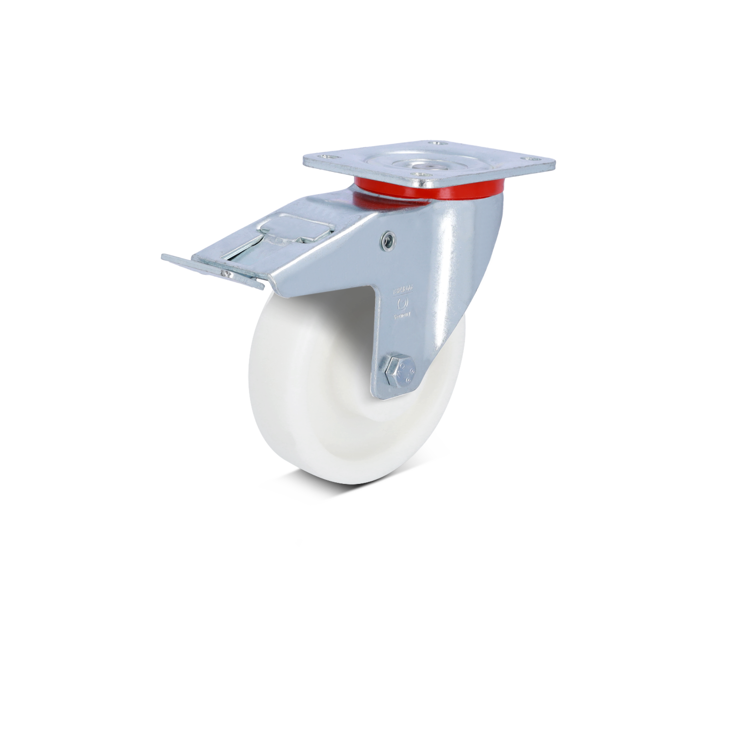 A swivel castor with a white plastic wheel and a metal mounting plate. The wheel is prominently positioned, showcasing its smooth surface and robust construction, set against a plain background.