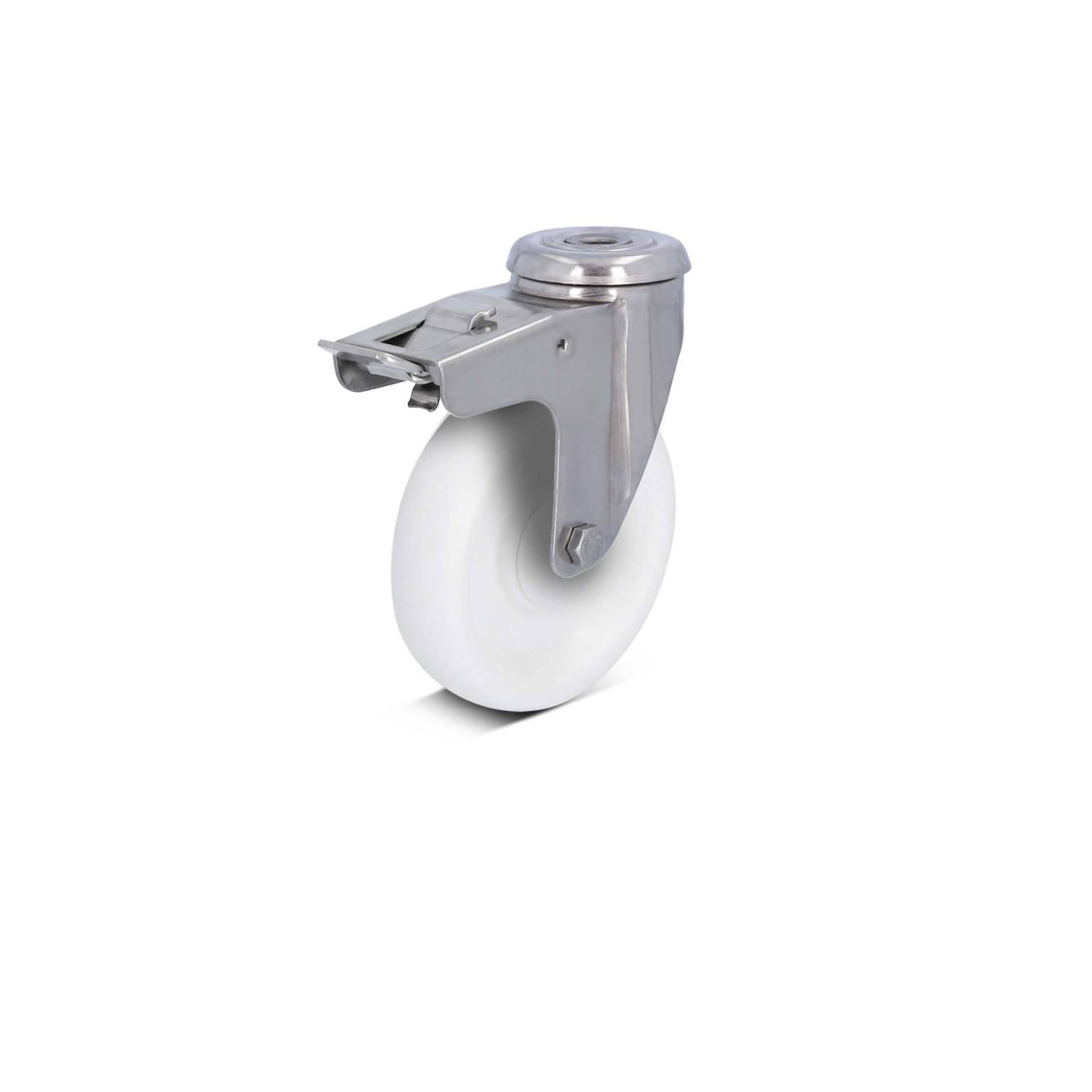 A white industrial caster features a round wheel mounted on a metallic bracket. The bracket shows a secure attachment mechanism for easy installation, suitable for material handling applications.