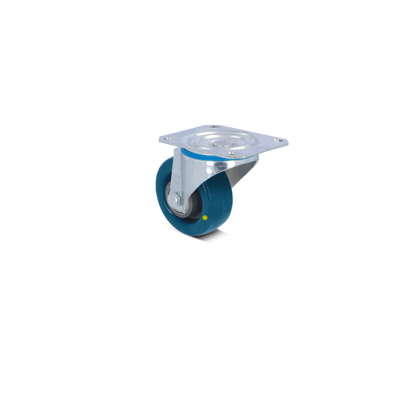 Zwenkwiel met een metalen bevestigingsplaat, gemaakt van blauw rubber. Het wiel is ontworpen voor gebruik in opslag en transport, met een glanzende afwerking op de bevestigingsplaat.
