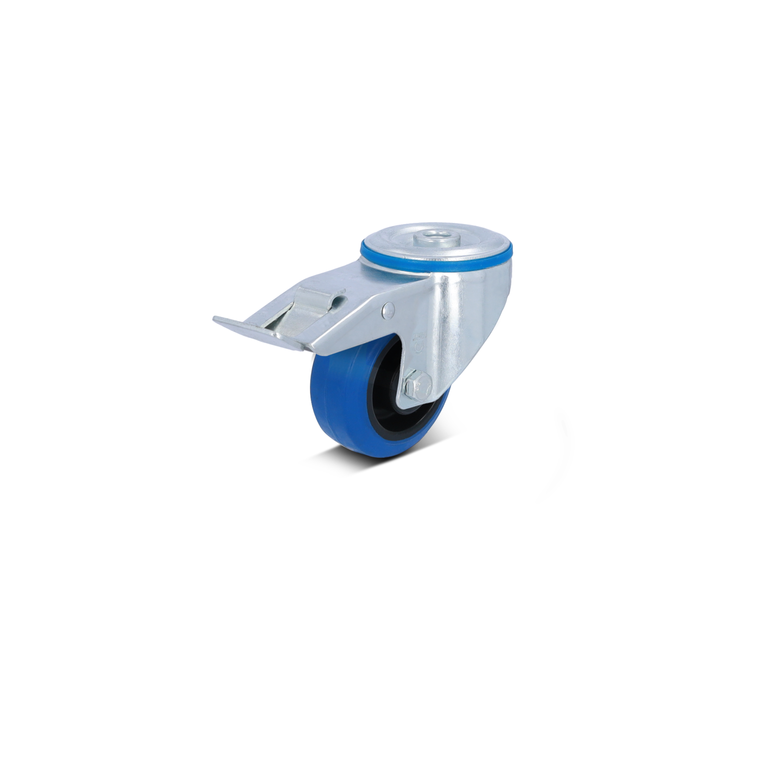 Gummirad mit blauer Lauffläche und metallischer Halterung. Das Rad ist beweglich und hat eine Metallplatte zur Befestigung. Es steht vor neutralem, schwarzem Hintergrund.