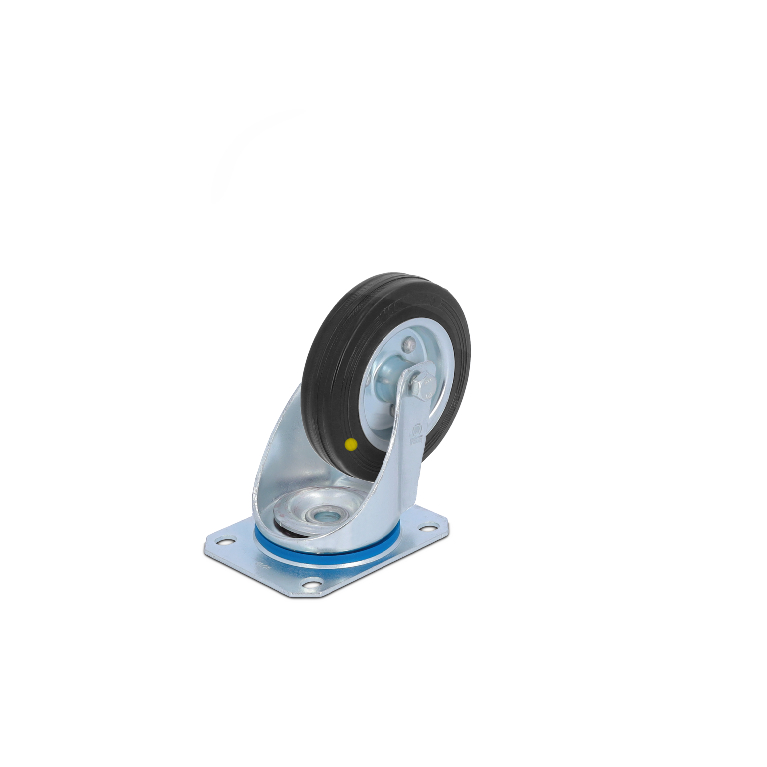 A swivel caster with a black rubber wheel mounted on a metal bracket. It features a circular mounting plate and a shiny metallic finish, demonstrating its application in material handling or transport equipment.