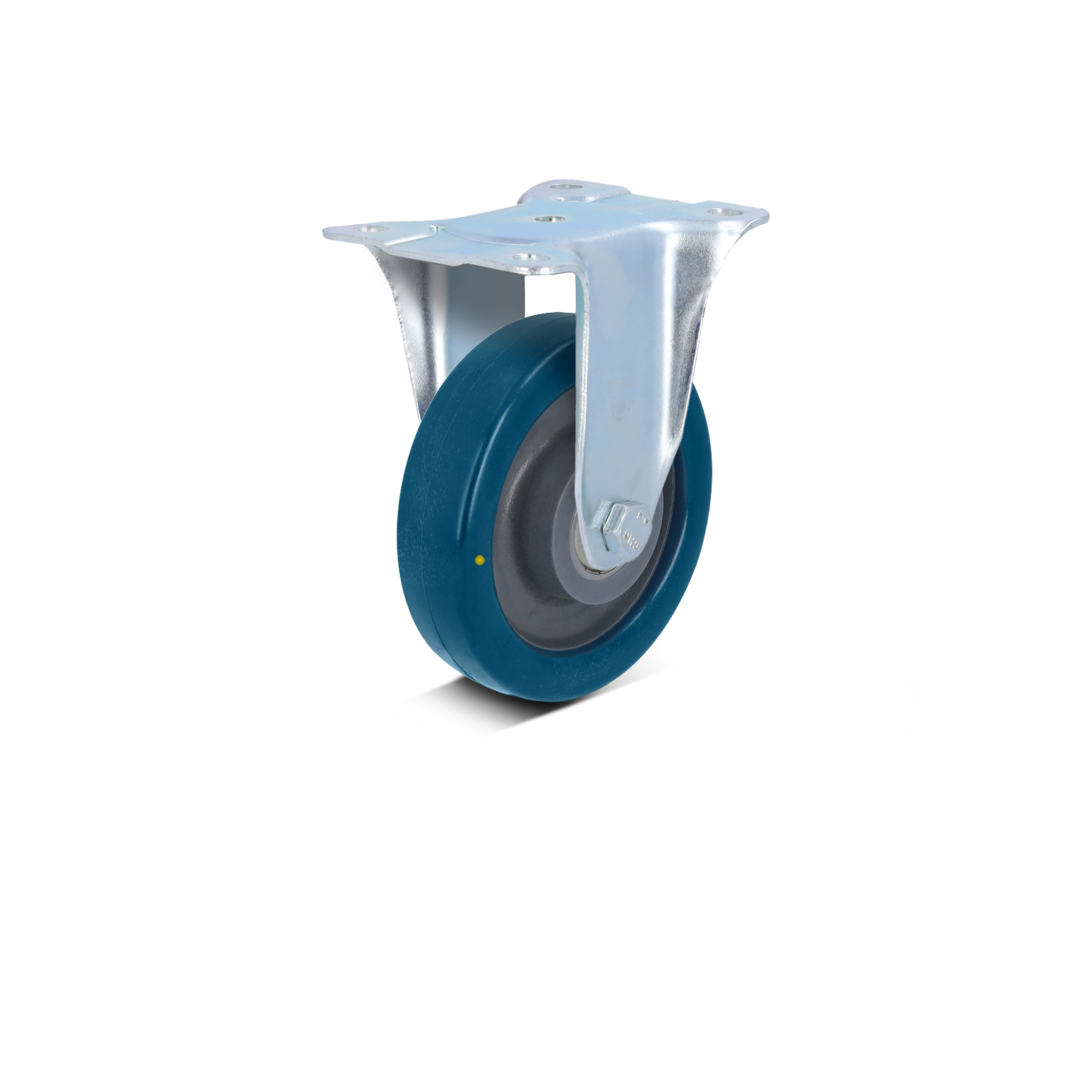 Een blauwe industrie-wiel met een metalen montagesteun, gericht op het verbeteren van mobiliteit. Het wiel heeft een rubberen buitenlaag en is geplaatst op een lichte achtergrond.