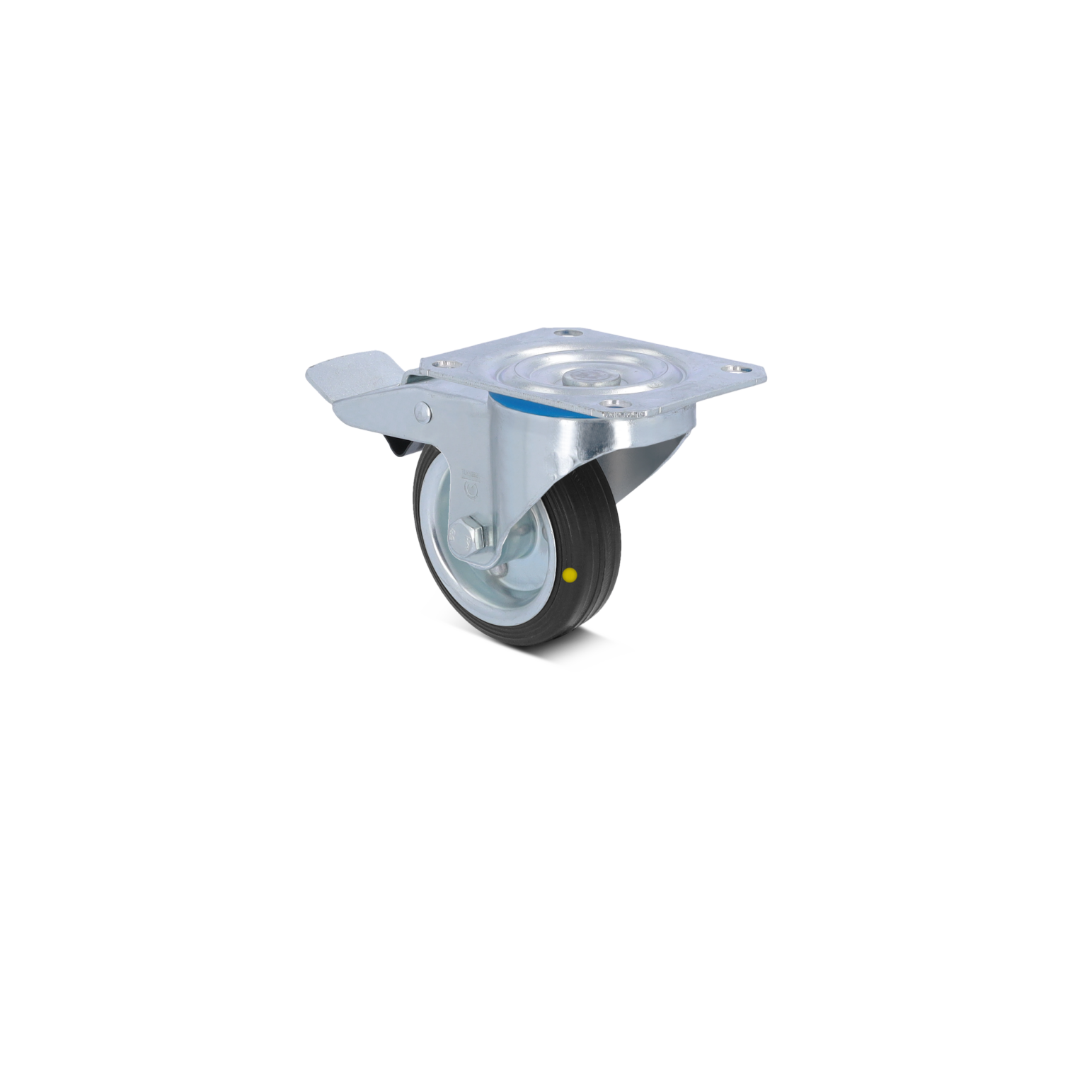 A swivel industrial castor features a metallic mount and a rubber wheel. It-s positioned upright with a locking mechanism visible. The background is a solid color, emphasizing the castor.