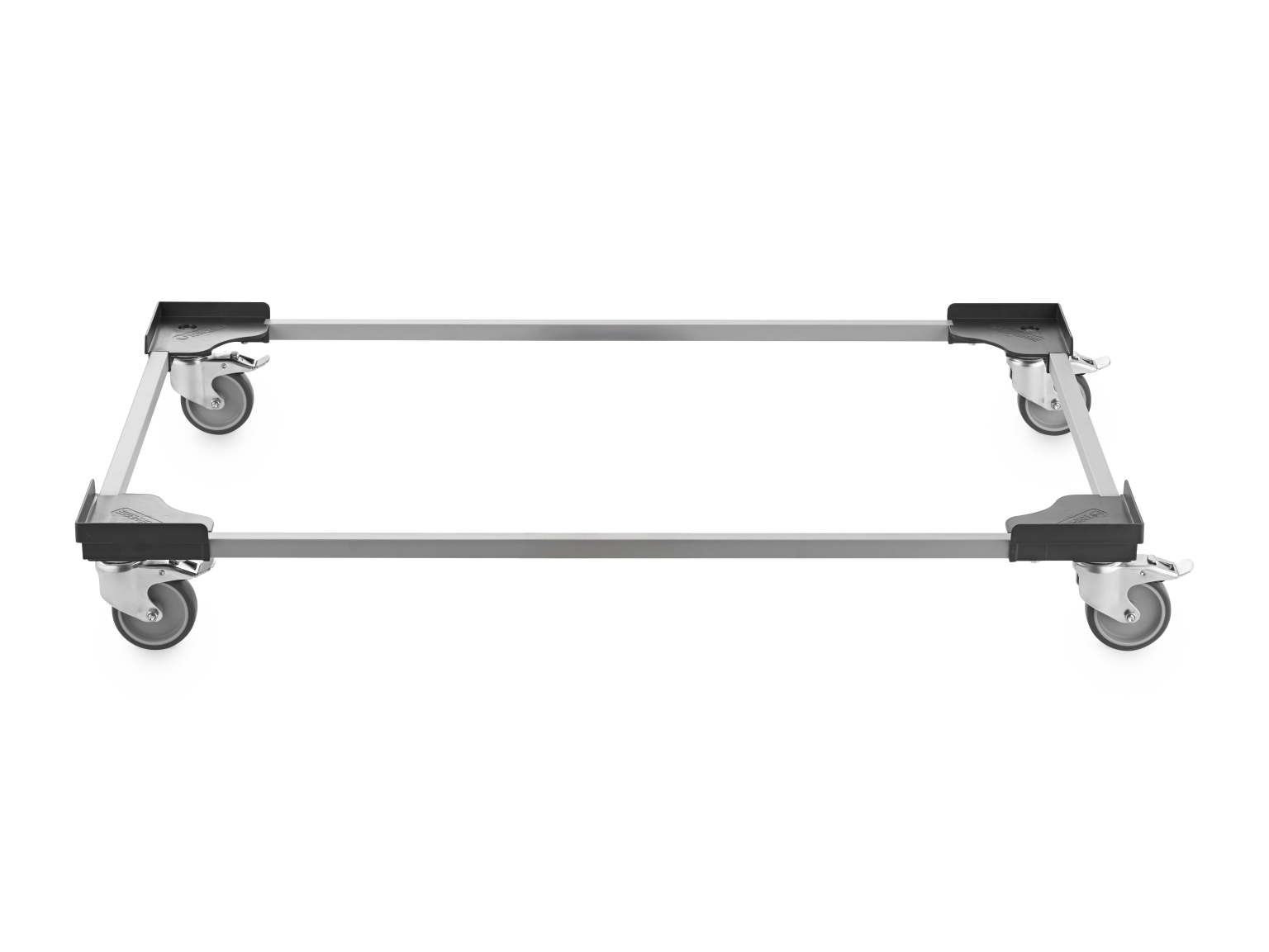 A rectangular transport trolley frame is shown, featuring four castors at the corners. The frame is made from metal, with plastic corners. It appears to be positioned on a neutral background.