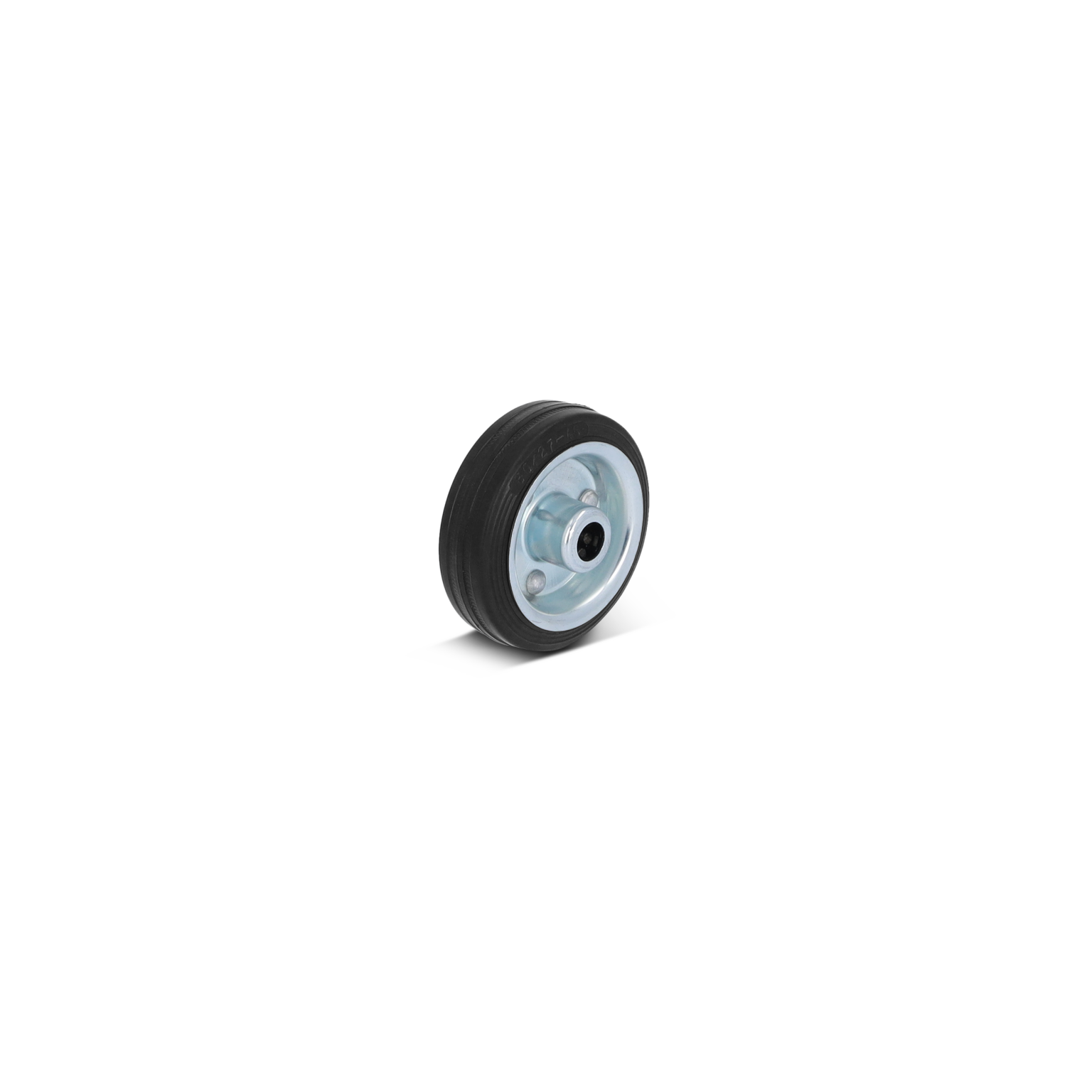Zwart rubberwiel met een metalen velg, voorzien van een centrale as om te monteren. Het staat op een neutrale achtergrond, benadrukt de functionaliteit voor industrieel gebruik.