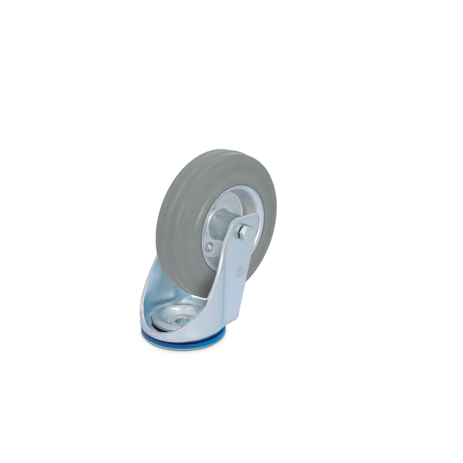 Draaikas met een grijze rubberen band en een metalen bevestigingsplaat. De kastrubbers zijn zichtbaar, met een blauw accent op de basis. Geen verdere context zichtbaar.