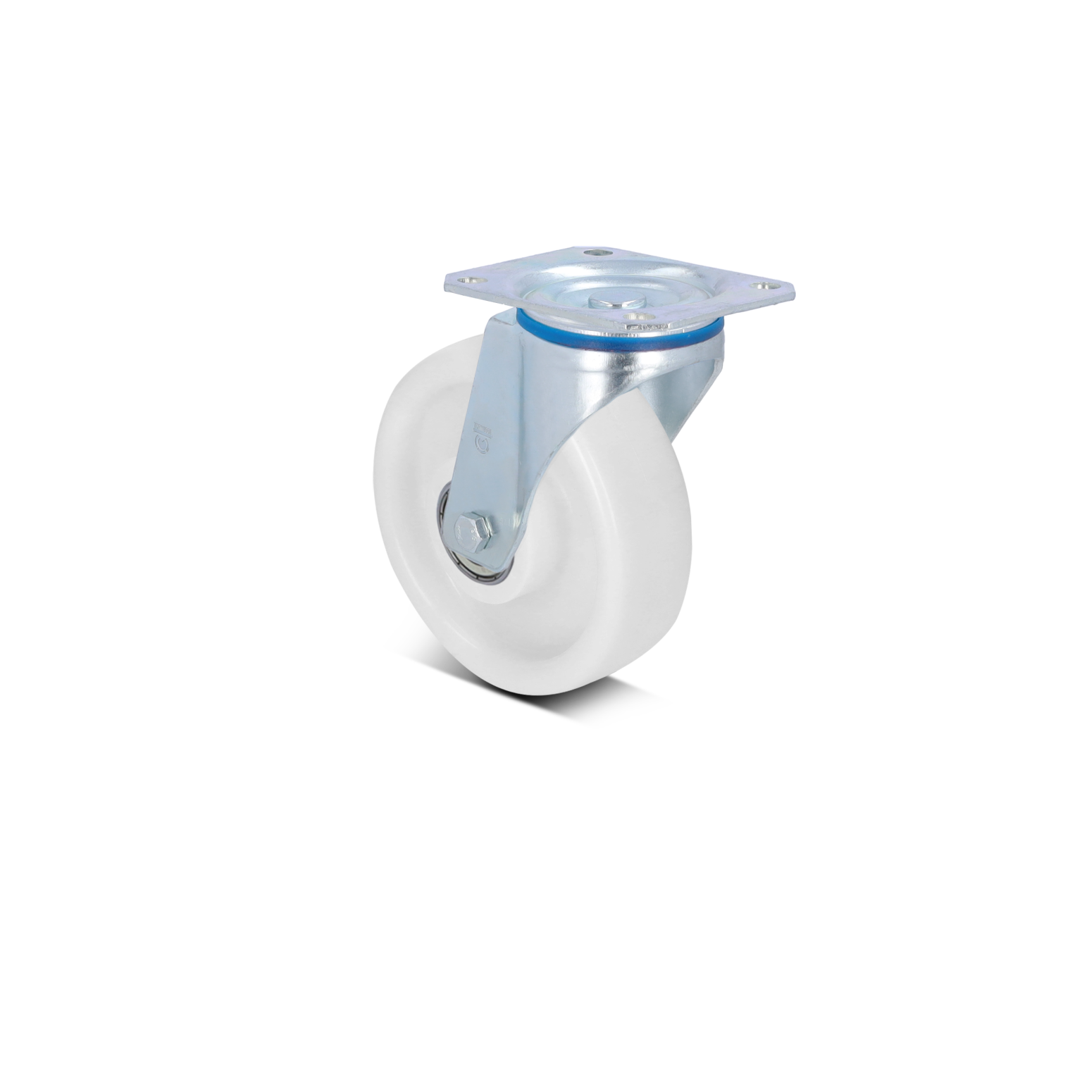 A swivel castor with a white plastic wheel is mounted on a metal bracket. The bracket is shiny and features a circular plate for attachment. The background is solid black.
